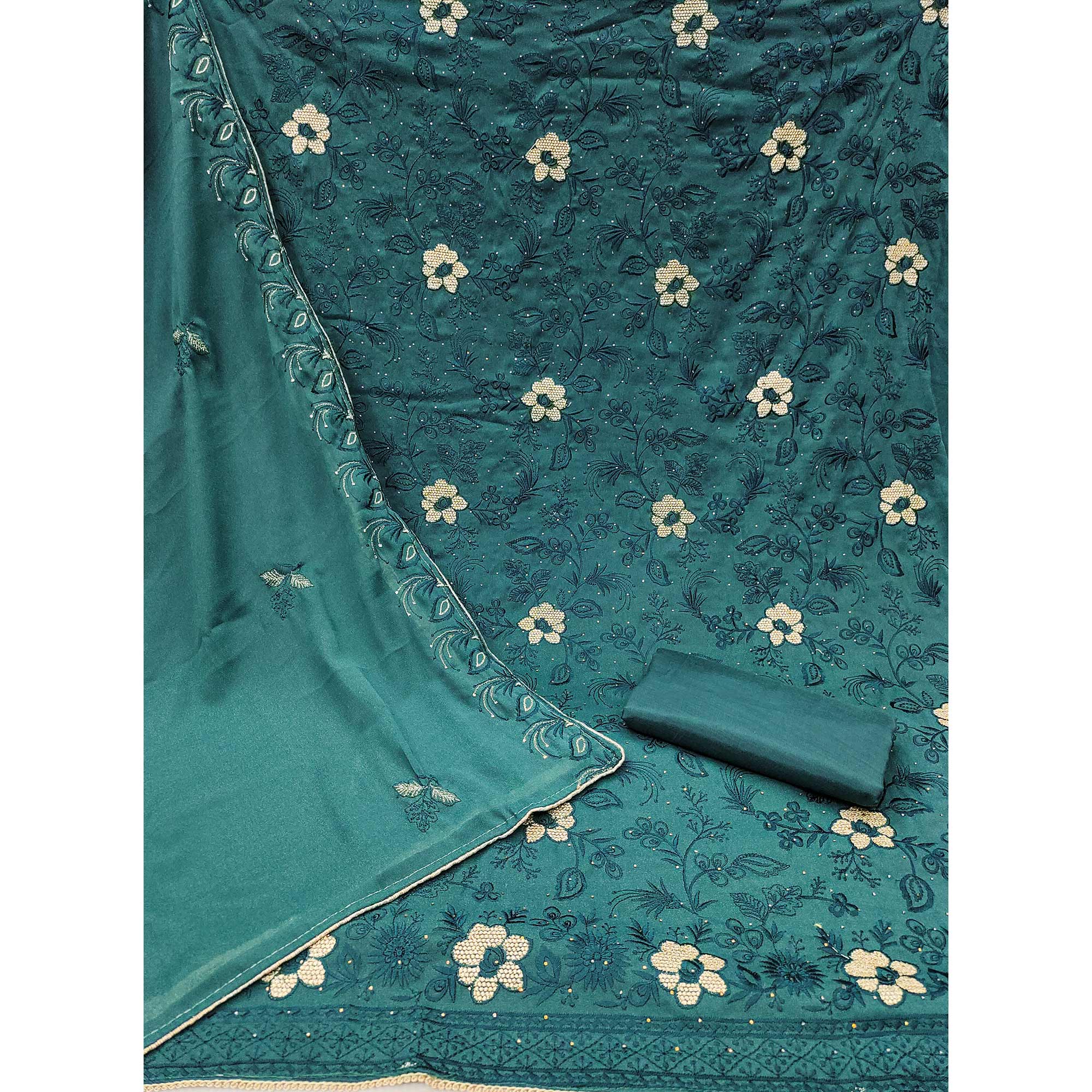 Teal Floral Embroidered With Stonework Georgette Dress Material