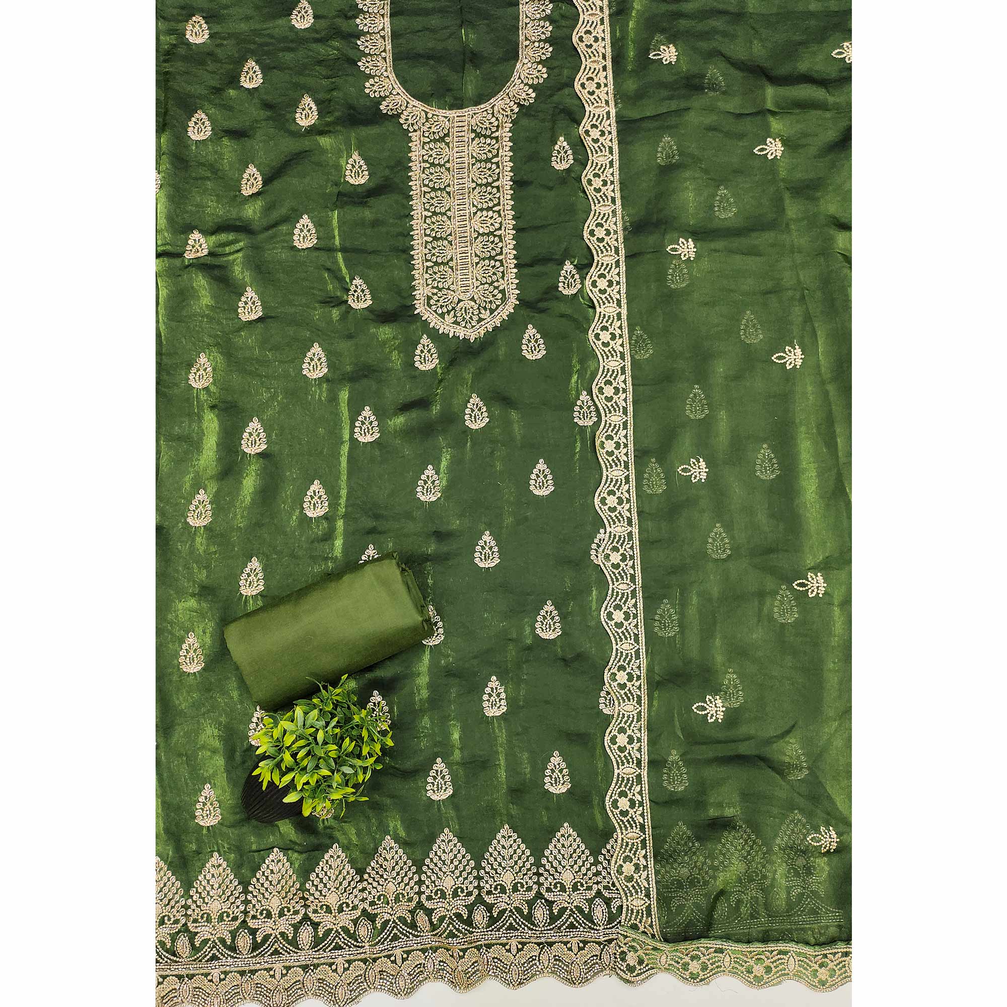 Green Satin Dress Material Adorned With Elegant Floral Zari Embroidery & Intricate Handwork