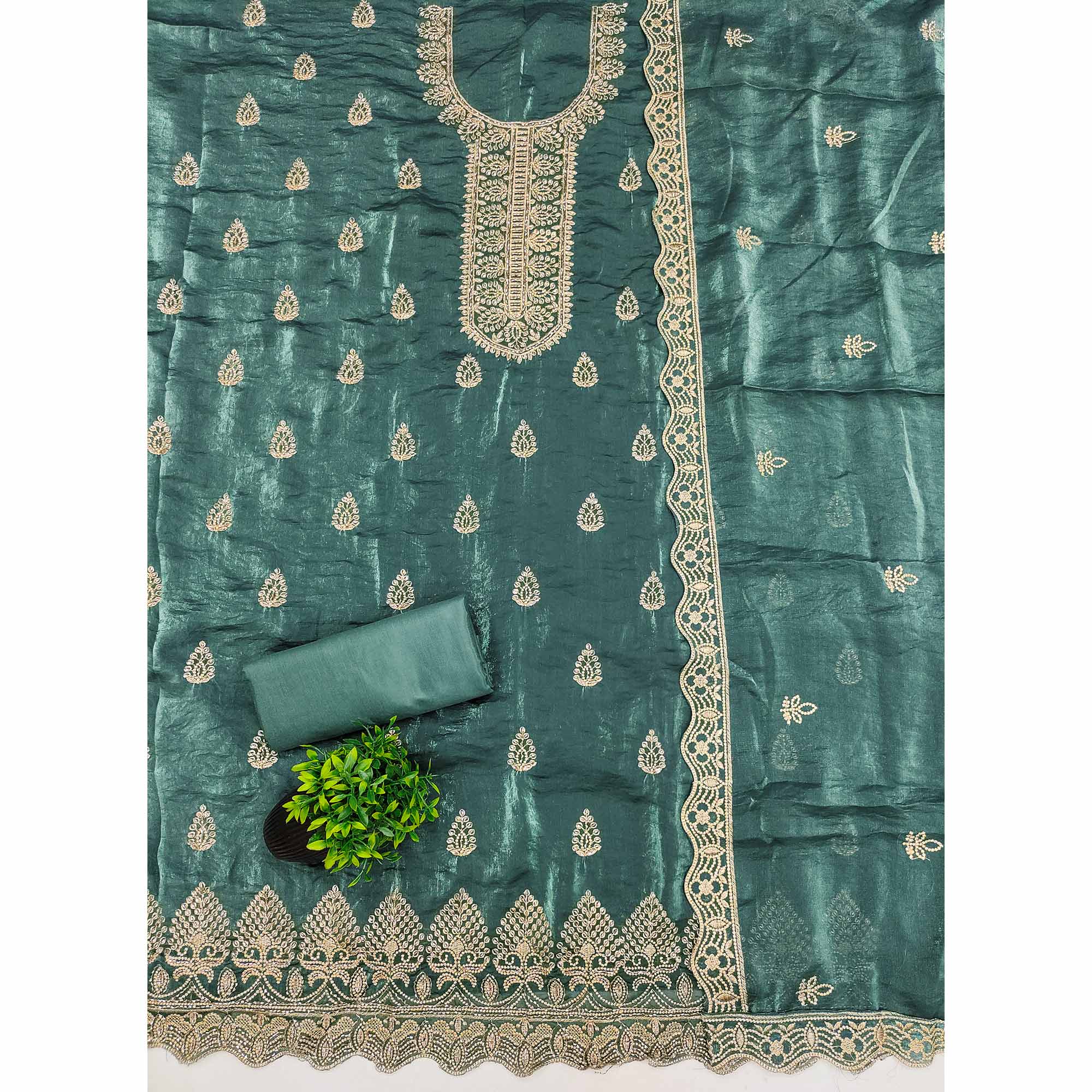 Teal Satin Dress Material Adorned With Elegant Floral Zari Embroidery & Intricate Handwork