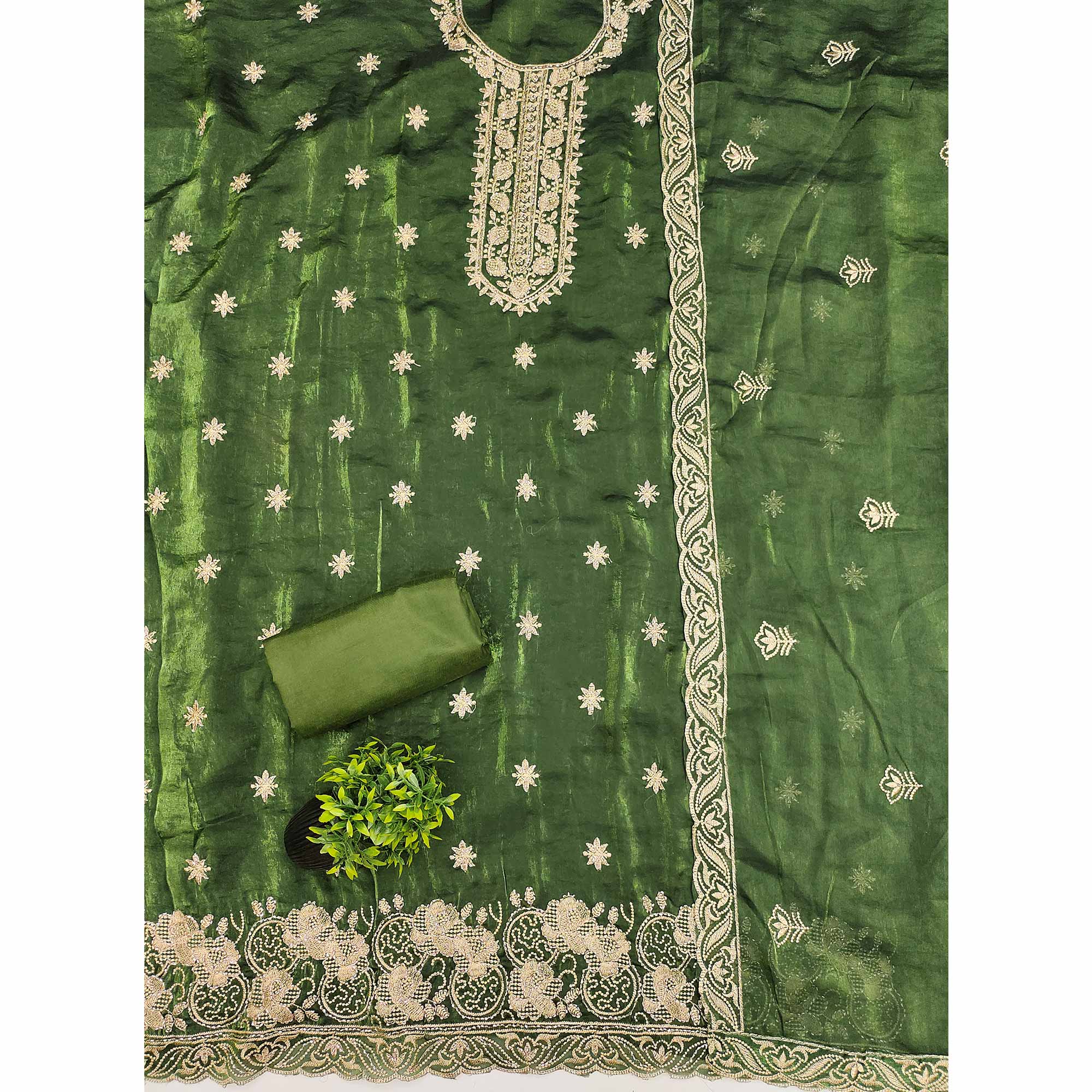 Green Satin Dress Material Featuring Exquisite Floral Embroidery With Detailed Handwork Accents