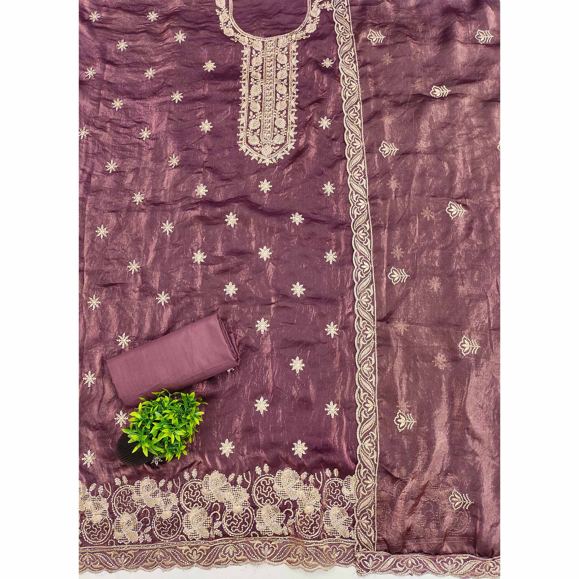 Purple Satin Dress Material Featuring Exquisite Floral Embroidery With Detailed Handwork Accents