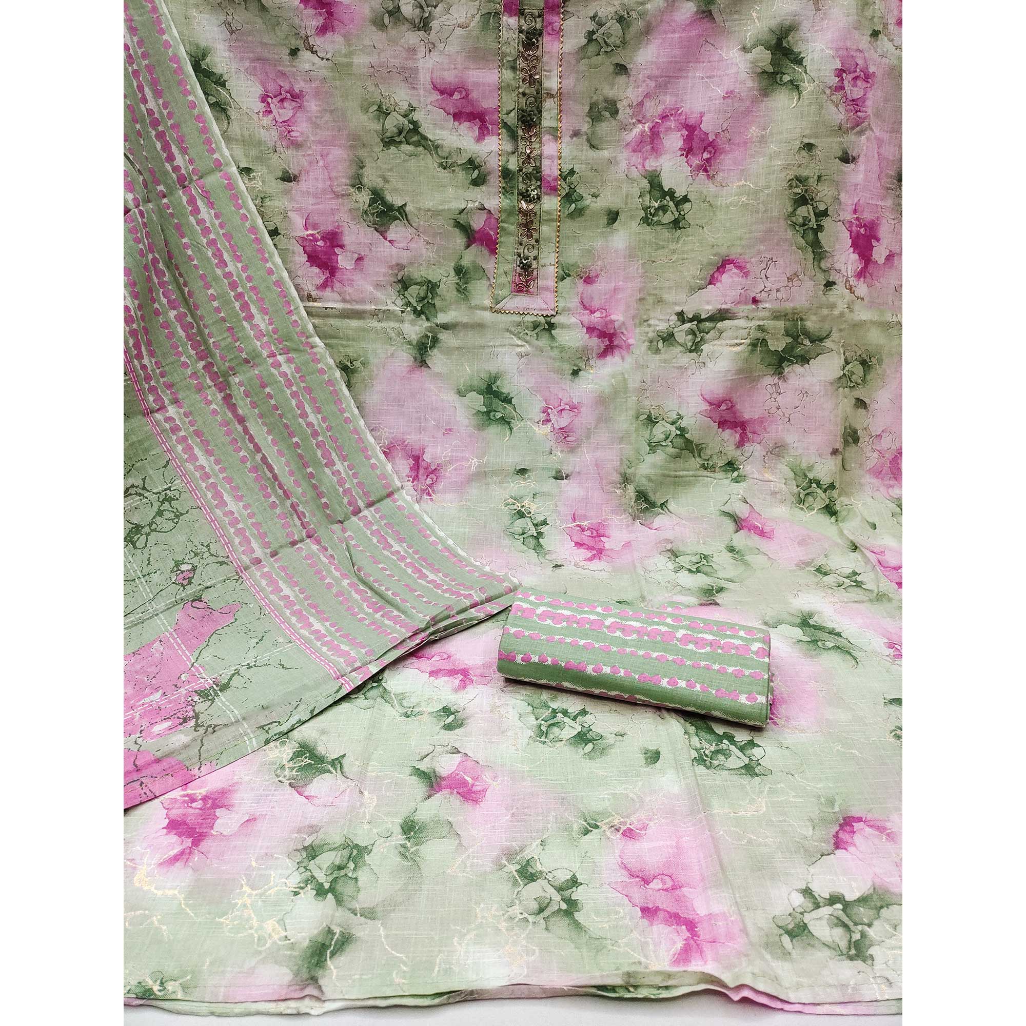 Green Foil Printed Pure Cotton Dress Material