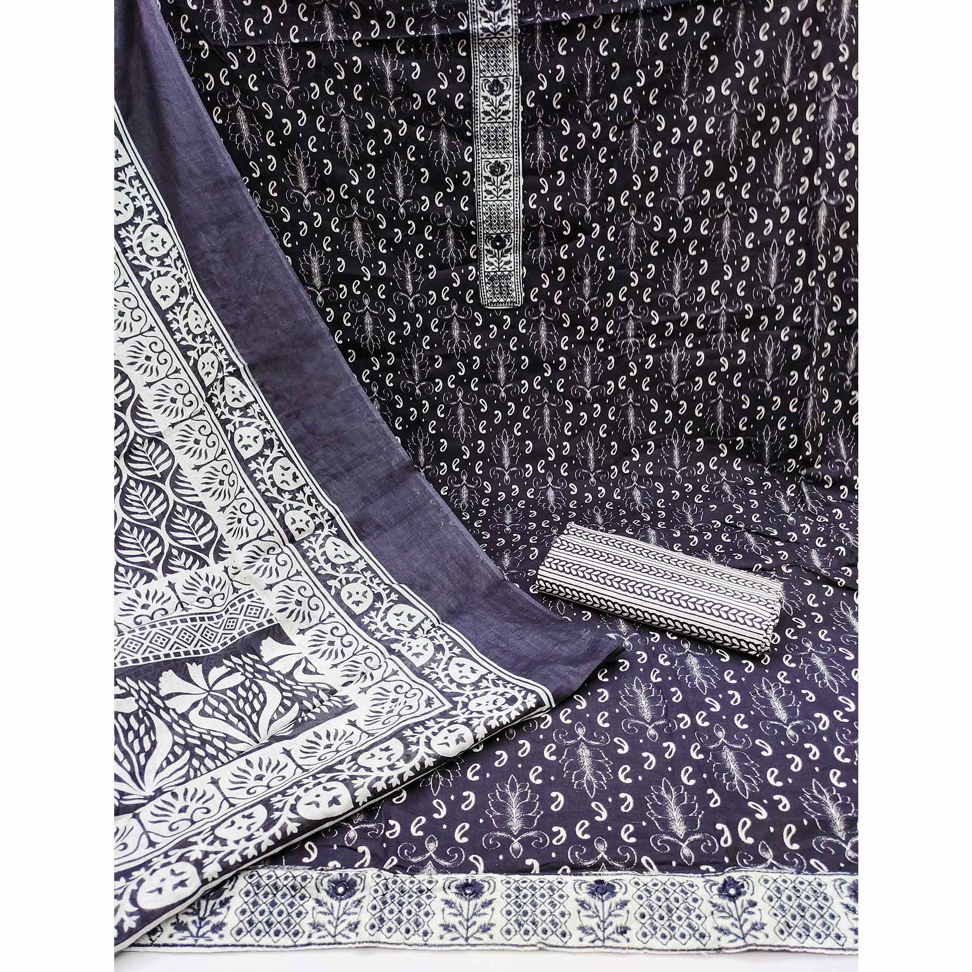 Navy Blue Foil Printed Pure Cotton Dress Material