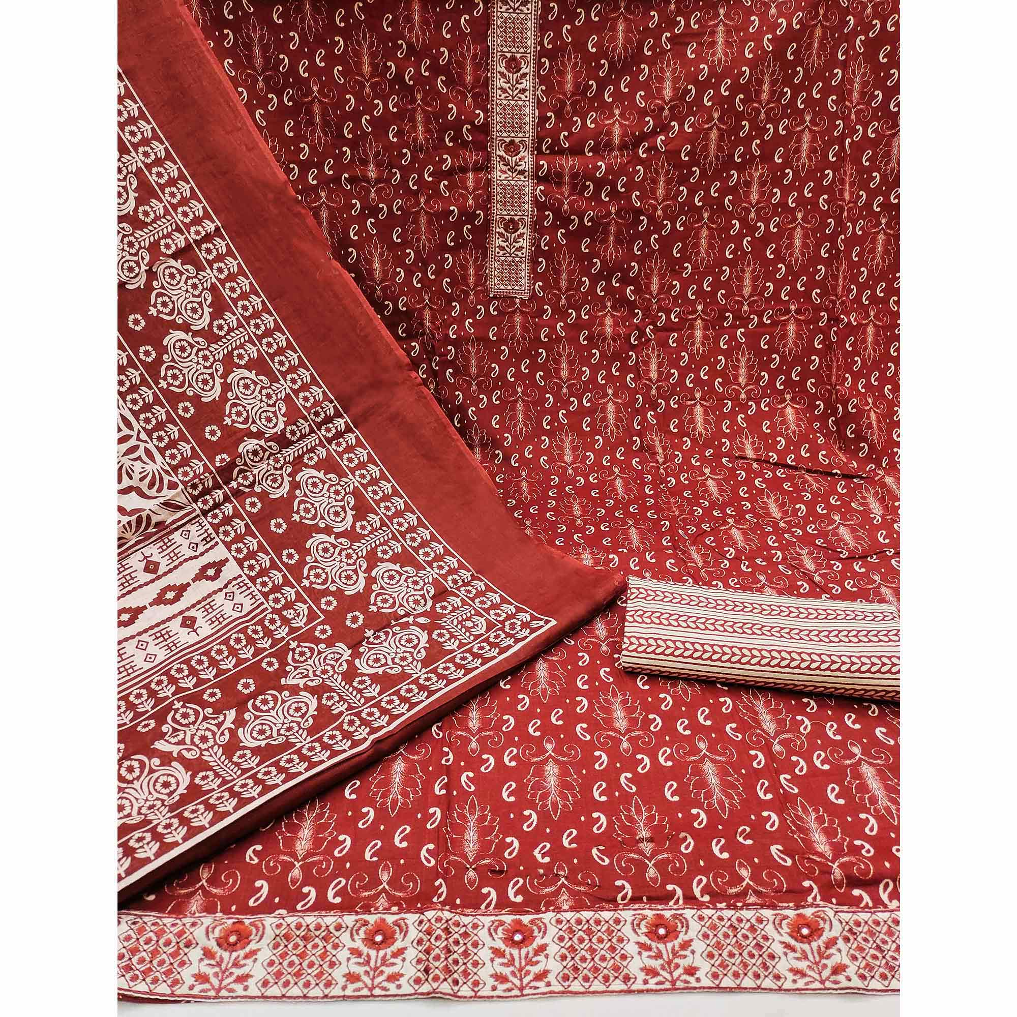 Red Foil Printed Pure Cotton Dress Material