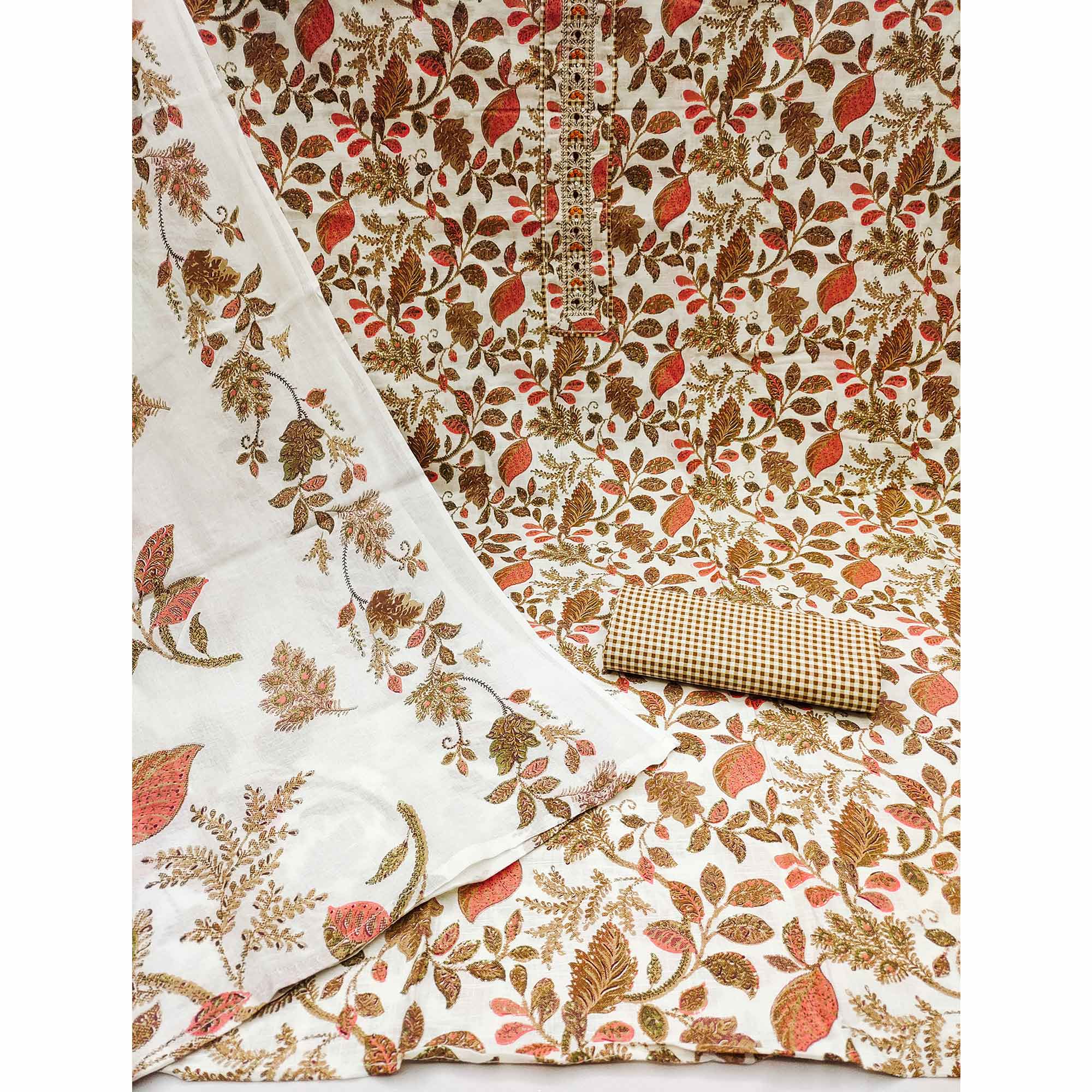 White & Brown Floral Foil Printed Pure Cotton Dress Material