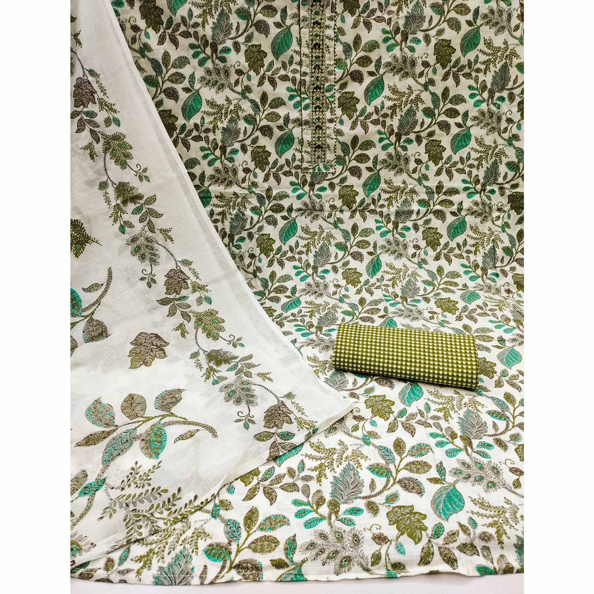 White & Green Floral Foil Printed Pure Cotton Dress Material