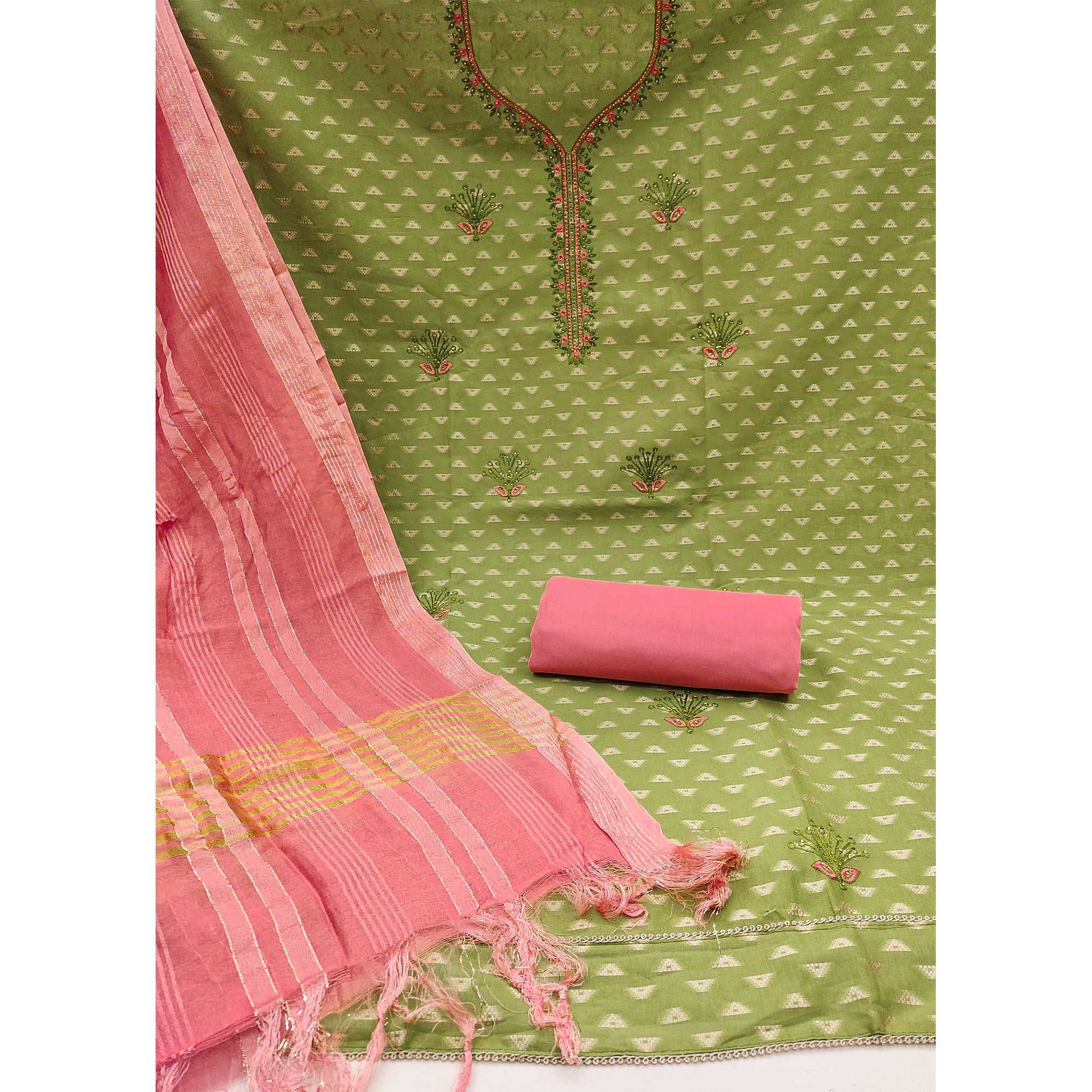 Green Woven Cotton Blend Unstitched Dress Material