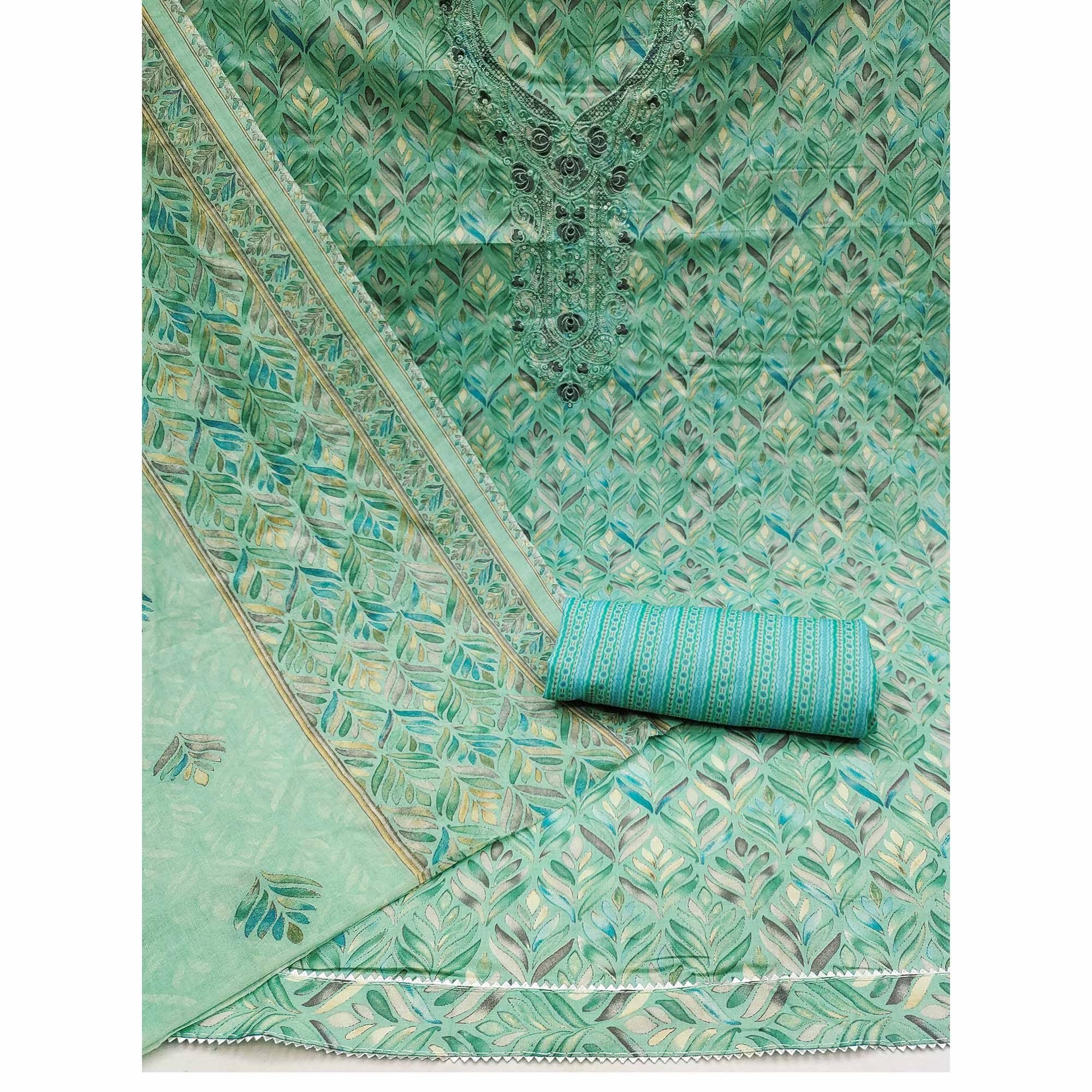 Sea Green Printed With Embroidery Pure Cotton Dress Material