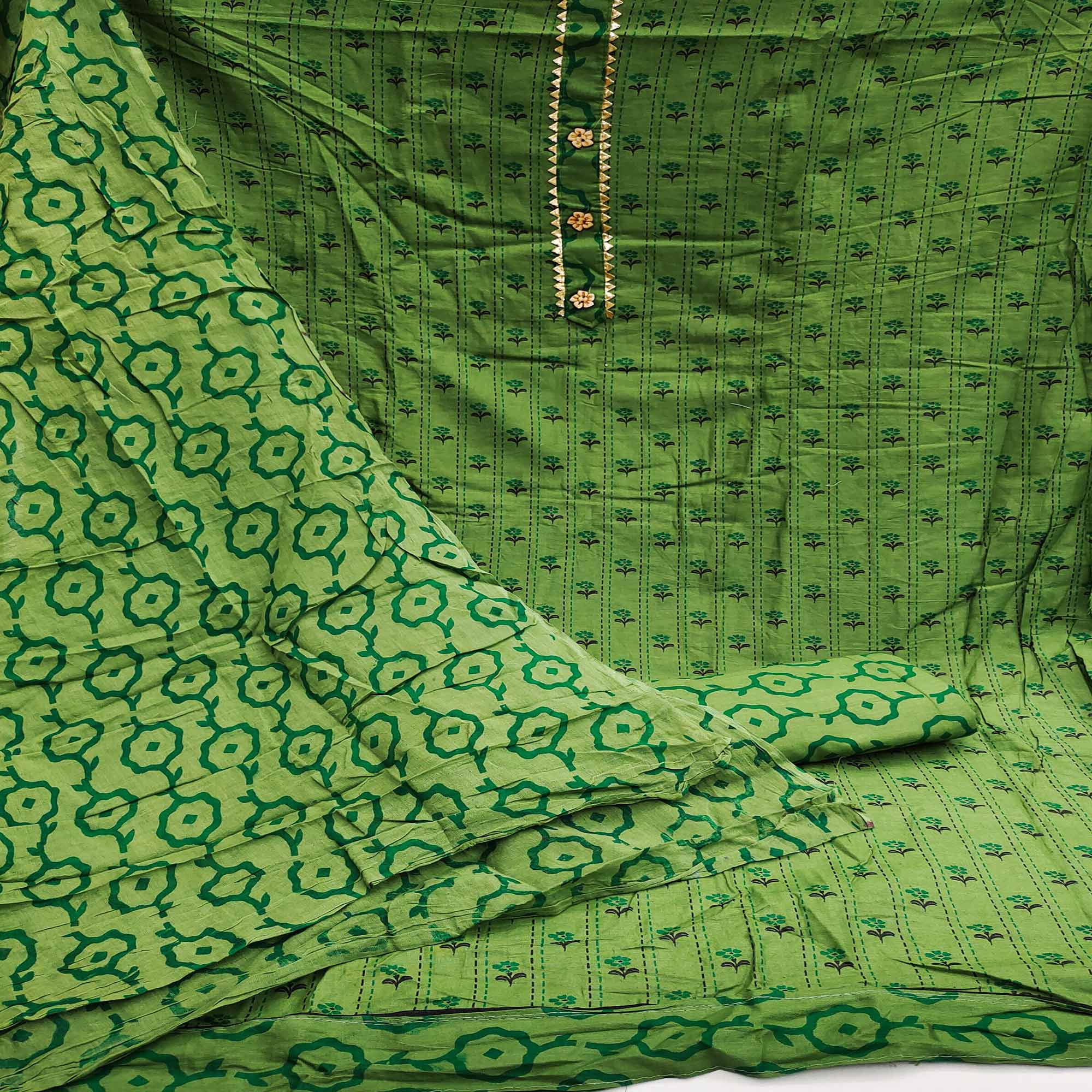 Green Floral Printed Cotton Blend Dress Material