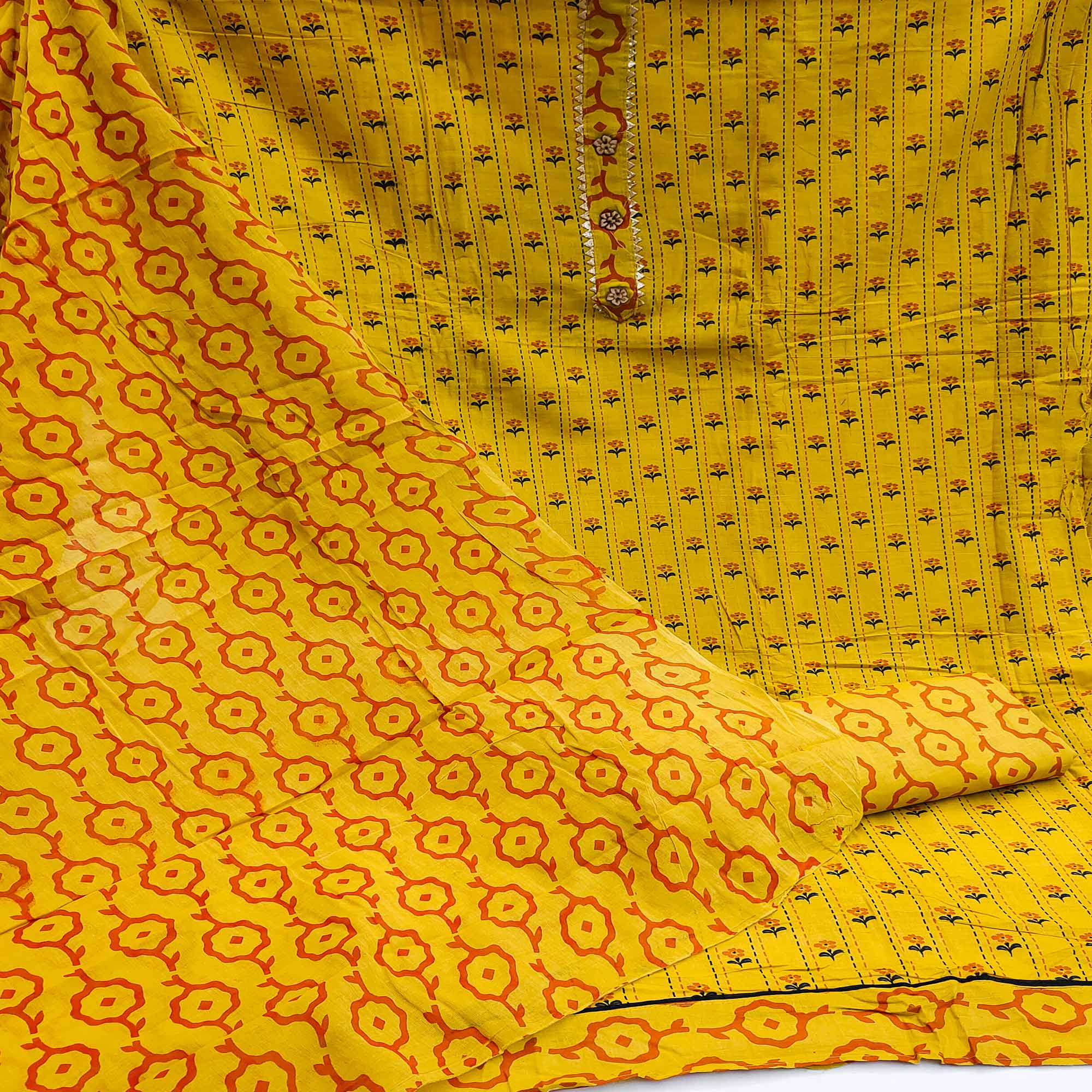 Yellow Floral Printed Cotton Blend Dress Material