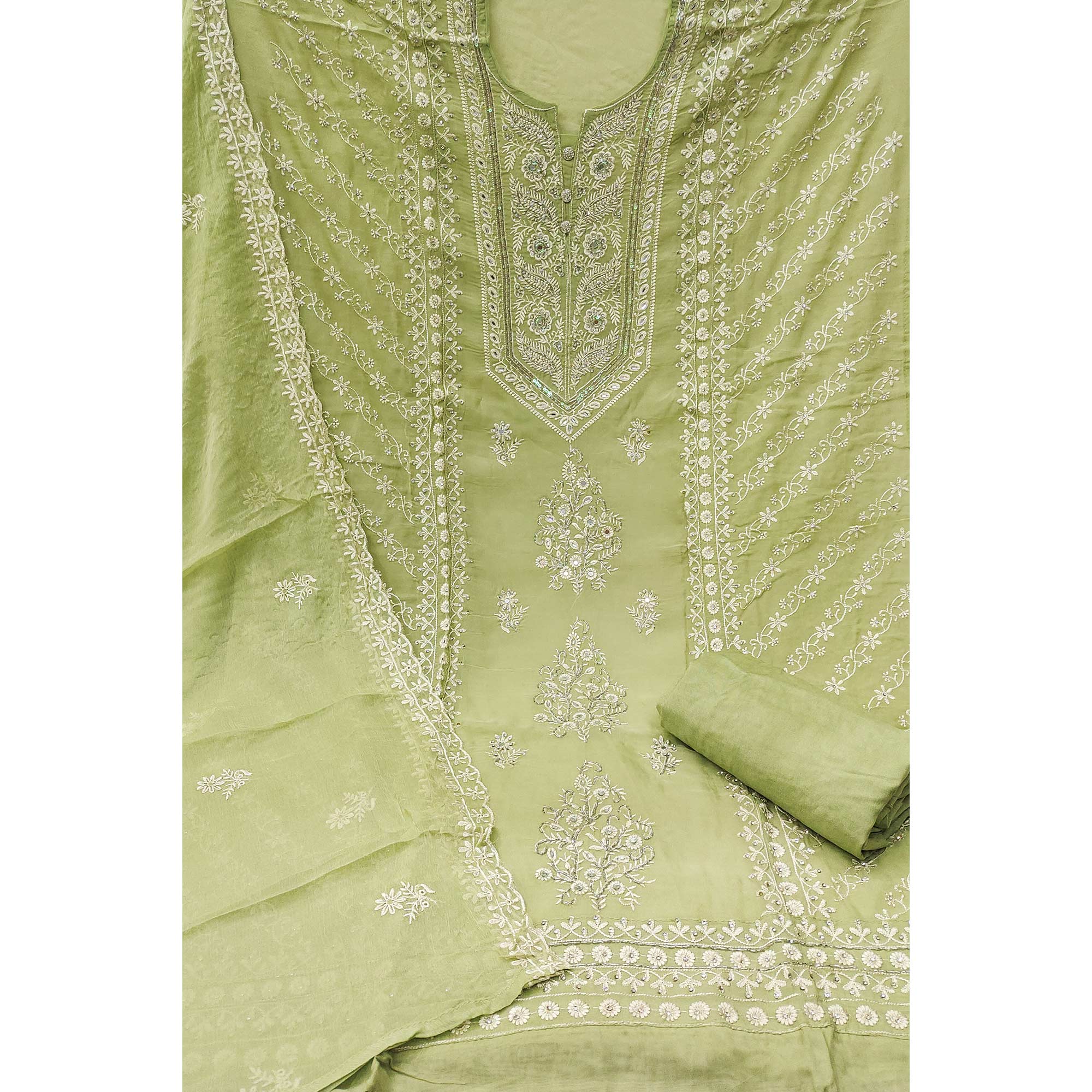 Green Floral Sequins Embroidered Organza Dress Material