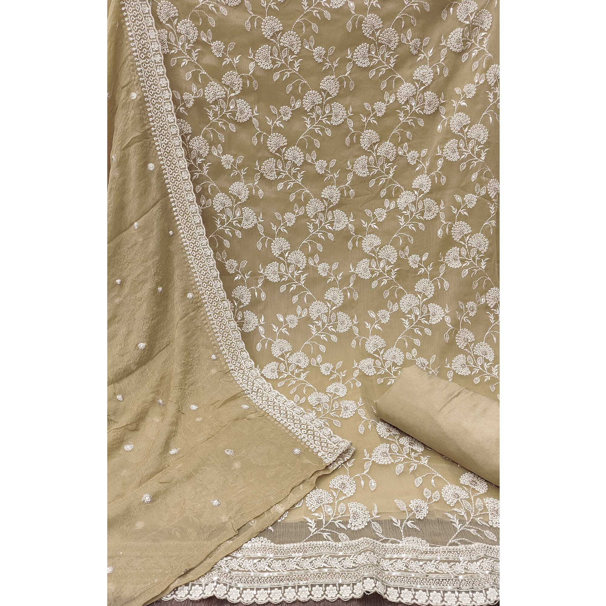 Beige Floral Embroidered Chiffon Dress Material