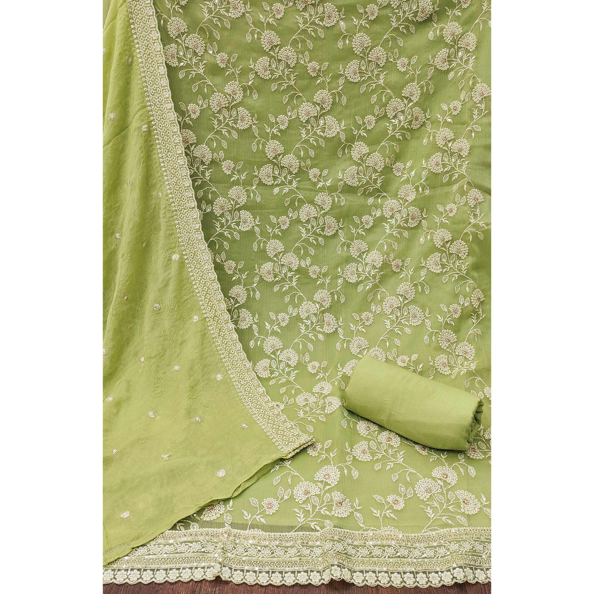 Green Floral Embroidered Chiffon Dress Material