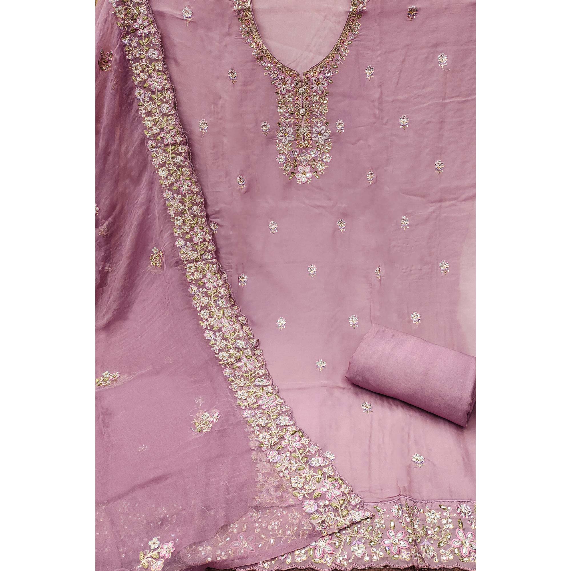 Purple Floral Sequins Embroidered Organza Dress Material