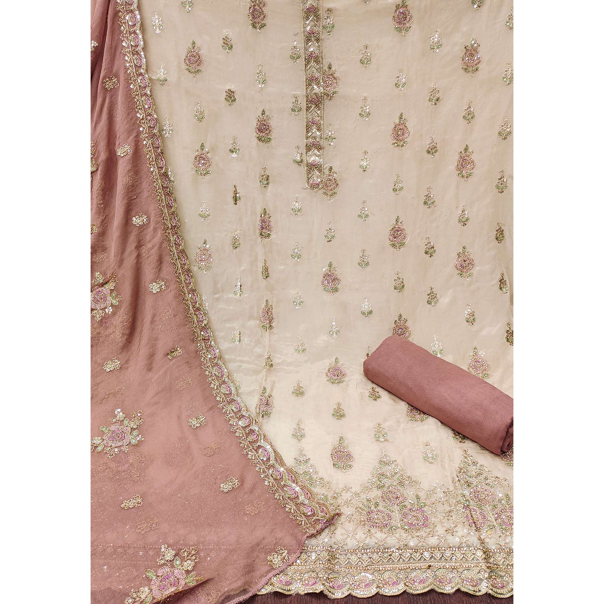 Beige & Peach Floral Sequins Embroidered Organza Dress Material