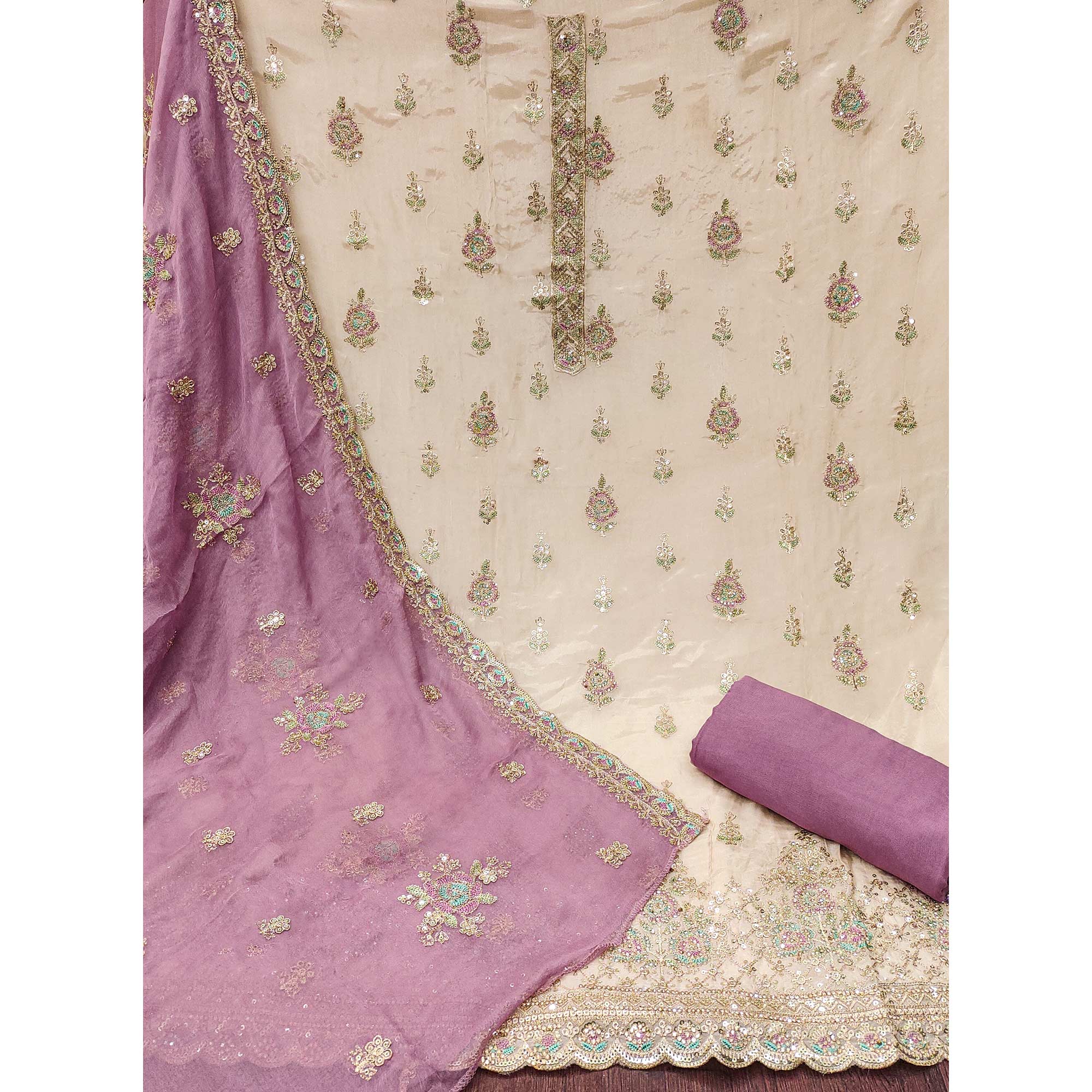 Beige & Purple Floral Sequins Embroidered Organza Dress Material