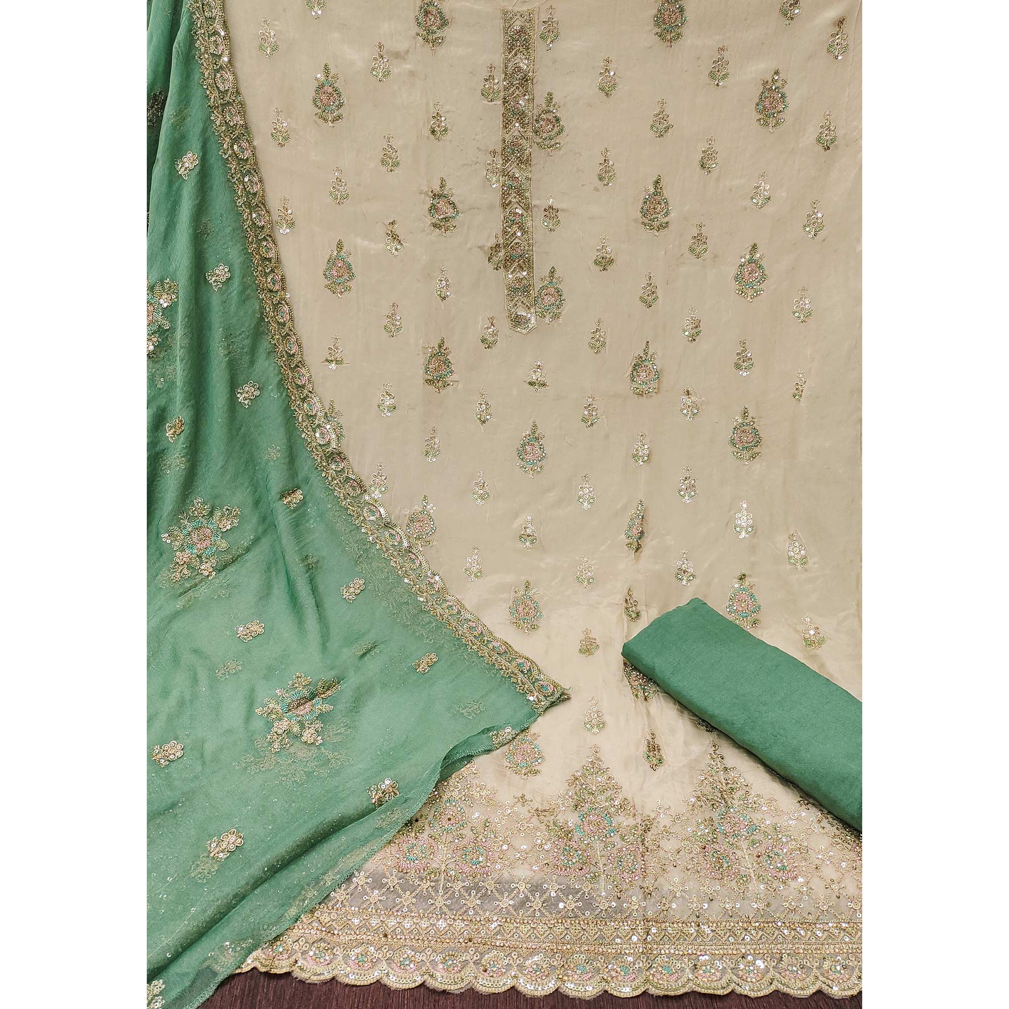 Beige & Rama Green Floral Sequins Embroidered Organza Dress Material