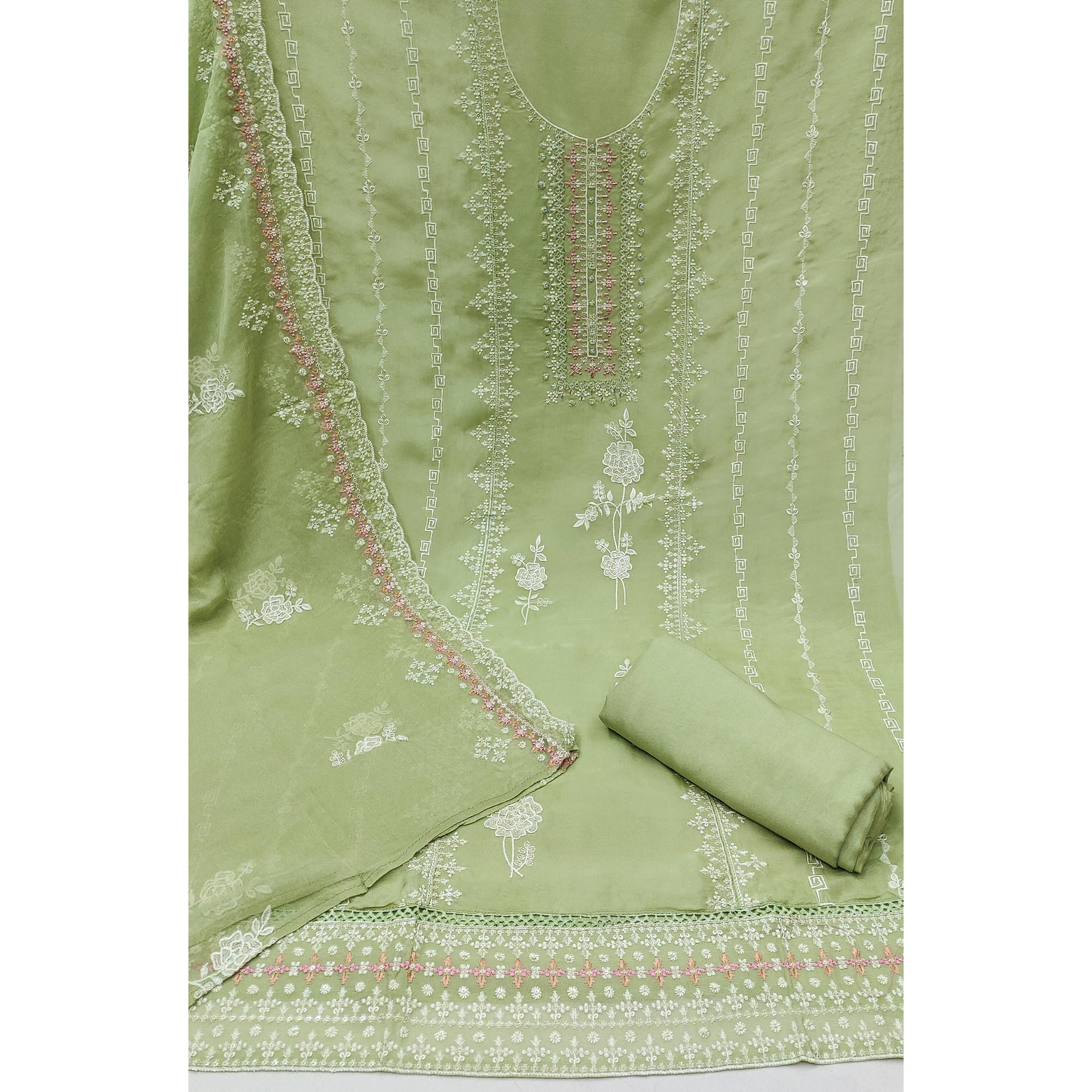 Green Floral Embroidered Organza Dress Material