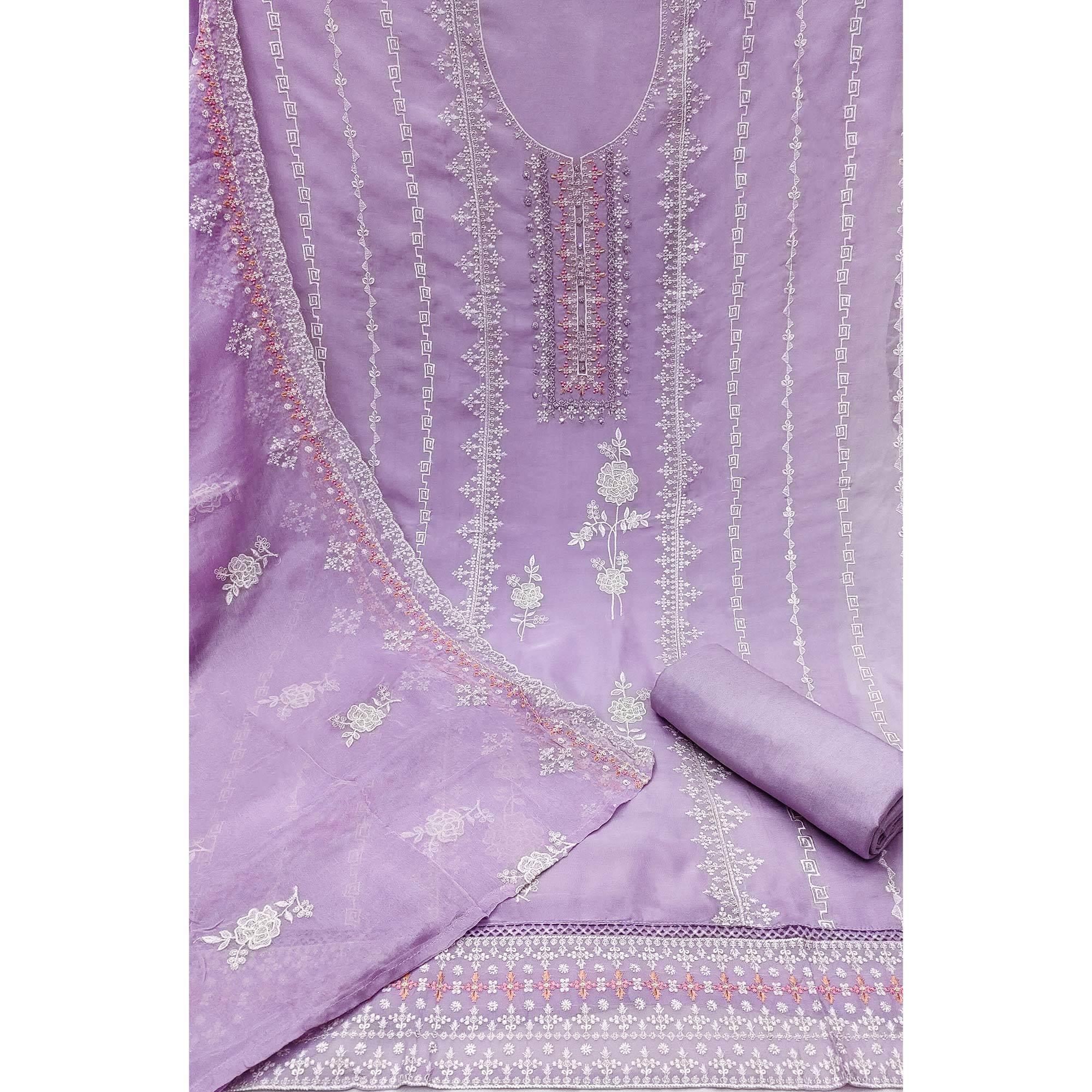 Purple Floral Embroidered Organza Dress Material