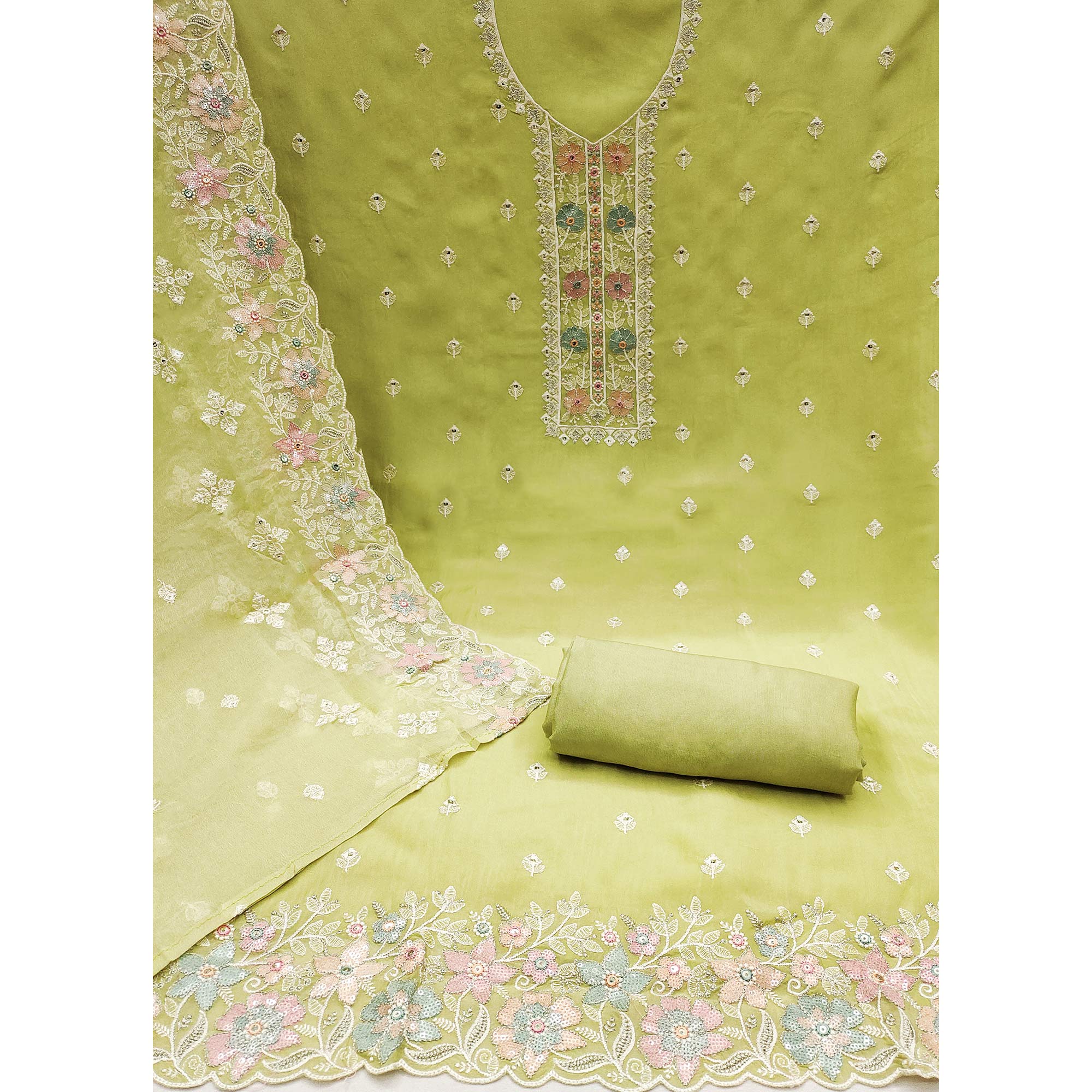 Green Floral Embroidered Organza Dress Material