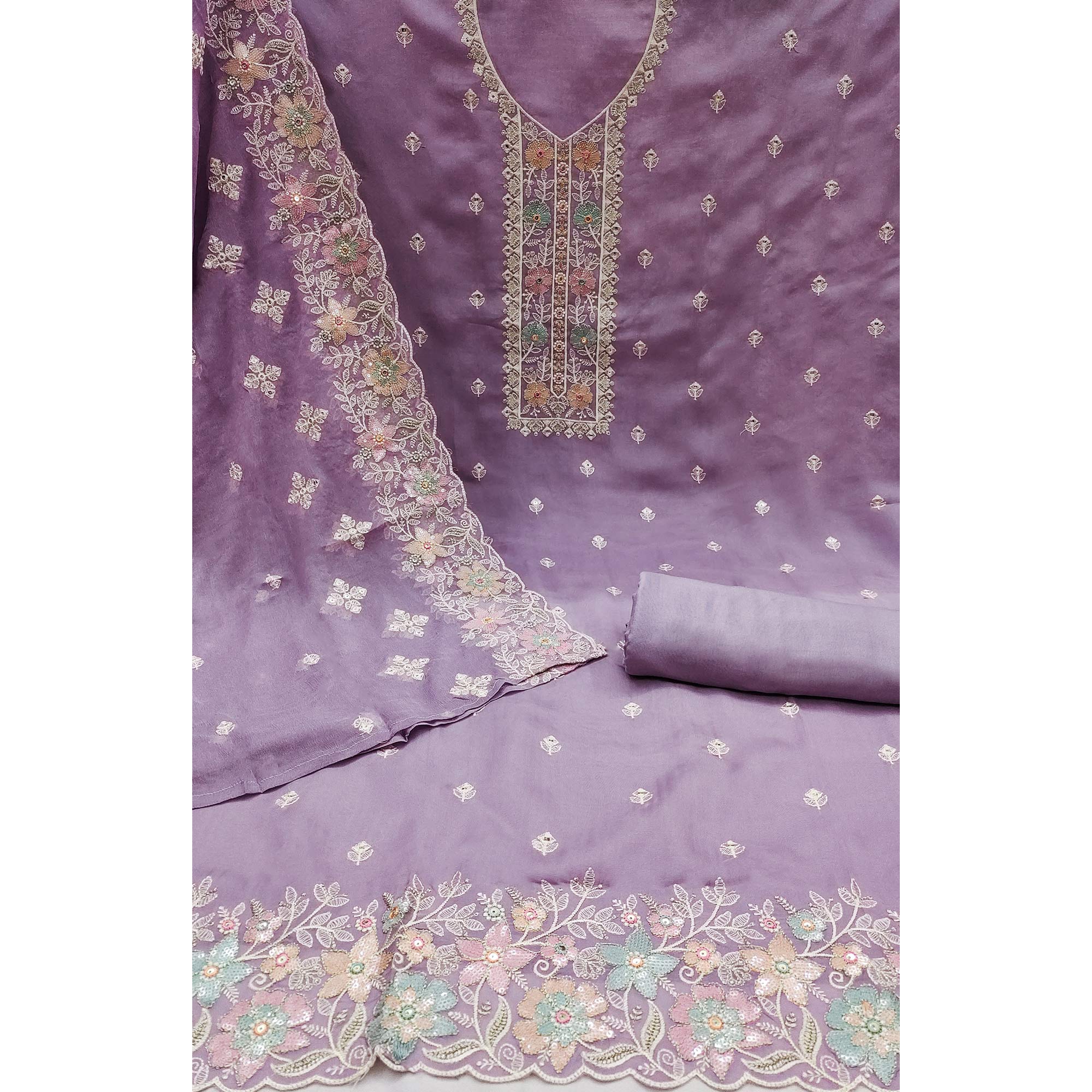 Purple Floral Embroidered Organza Dress Material