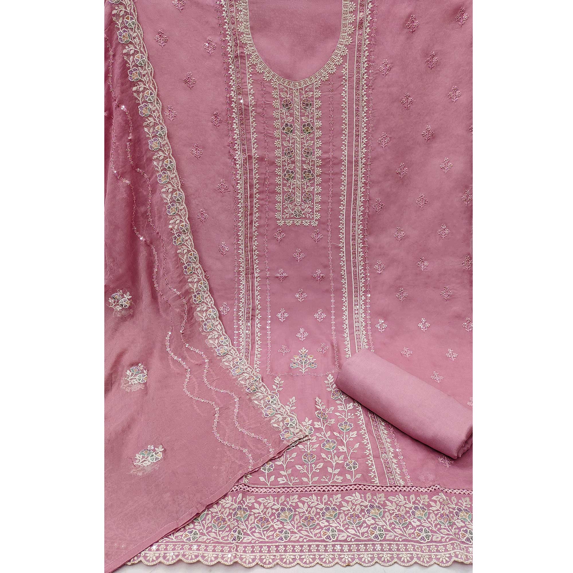 Pink Floral Sequins Embroidered Organza Dress Material