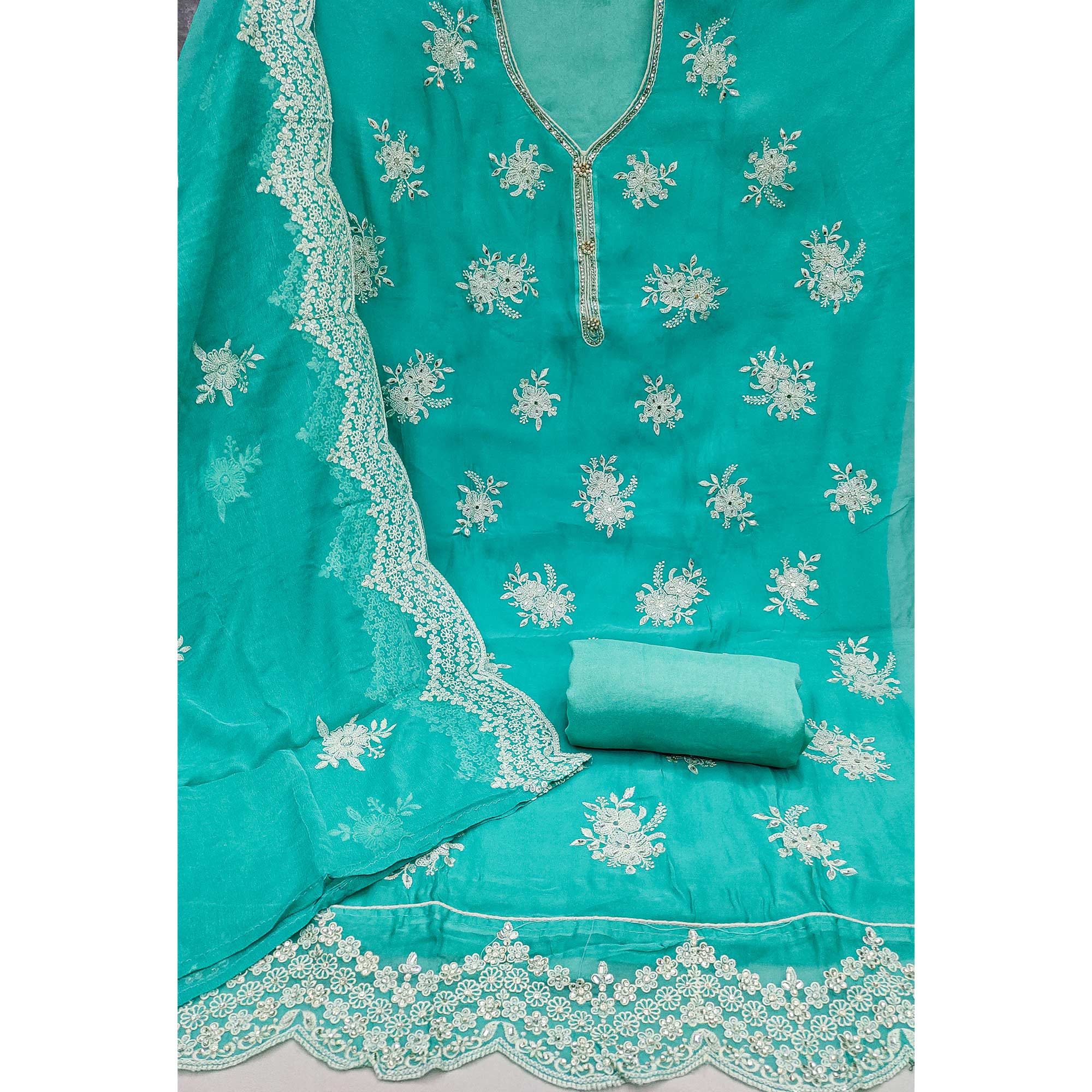 Turquoise Floral Mirror Embroidered Organza Dress Material