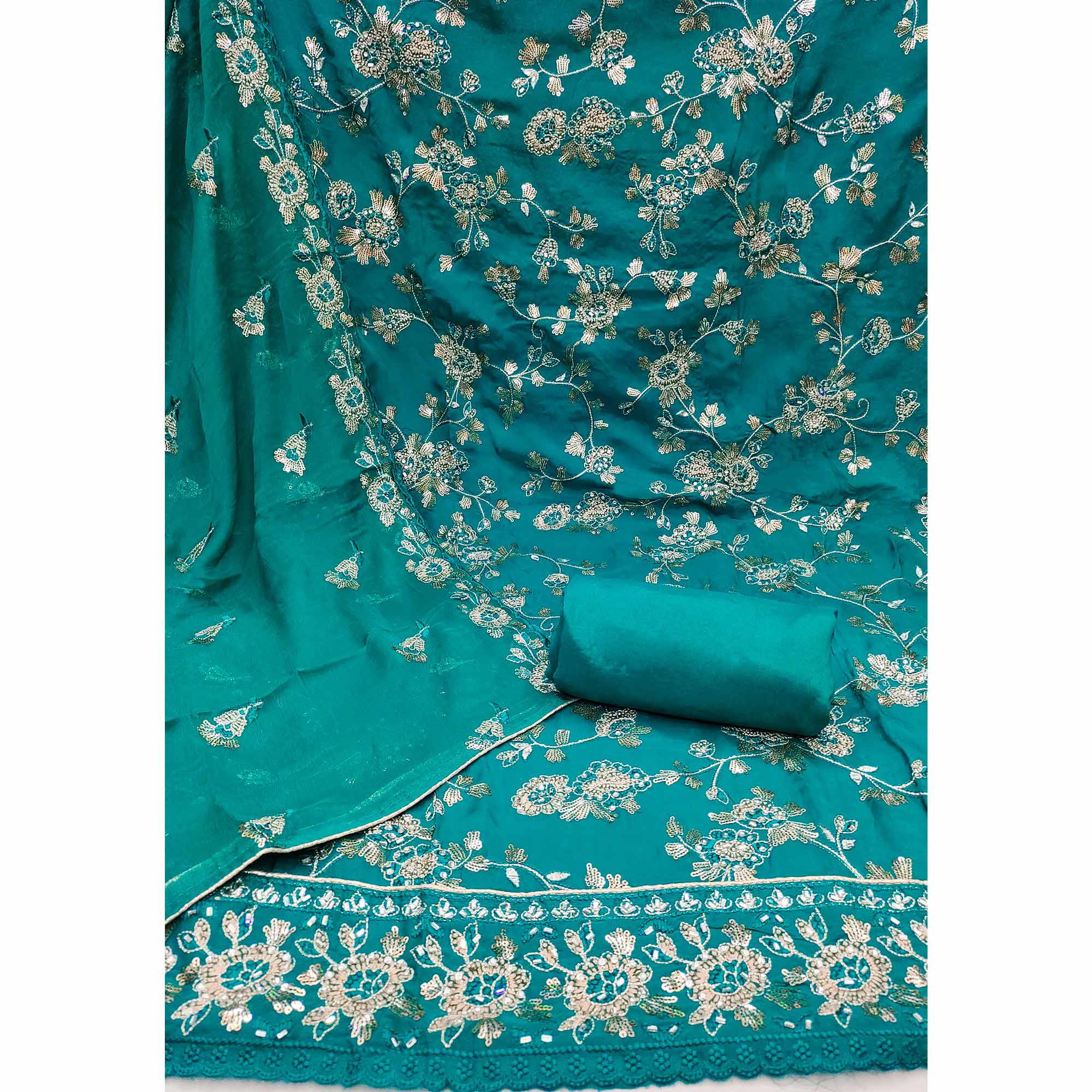 Rama Green Floral Sequins Embroidered Organza Dress Material