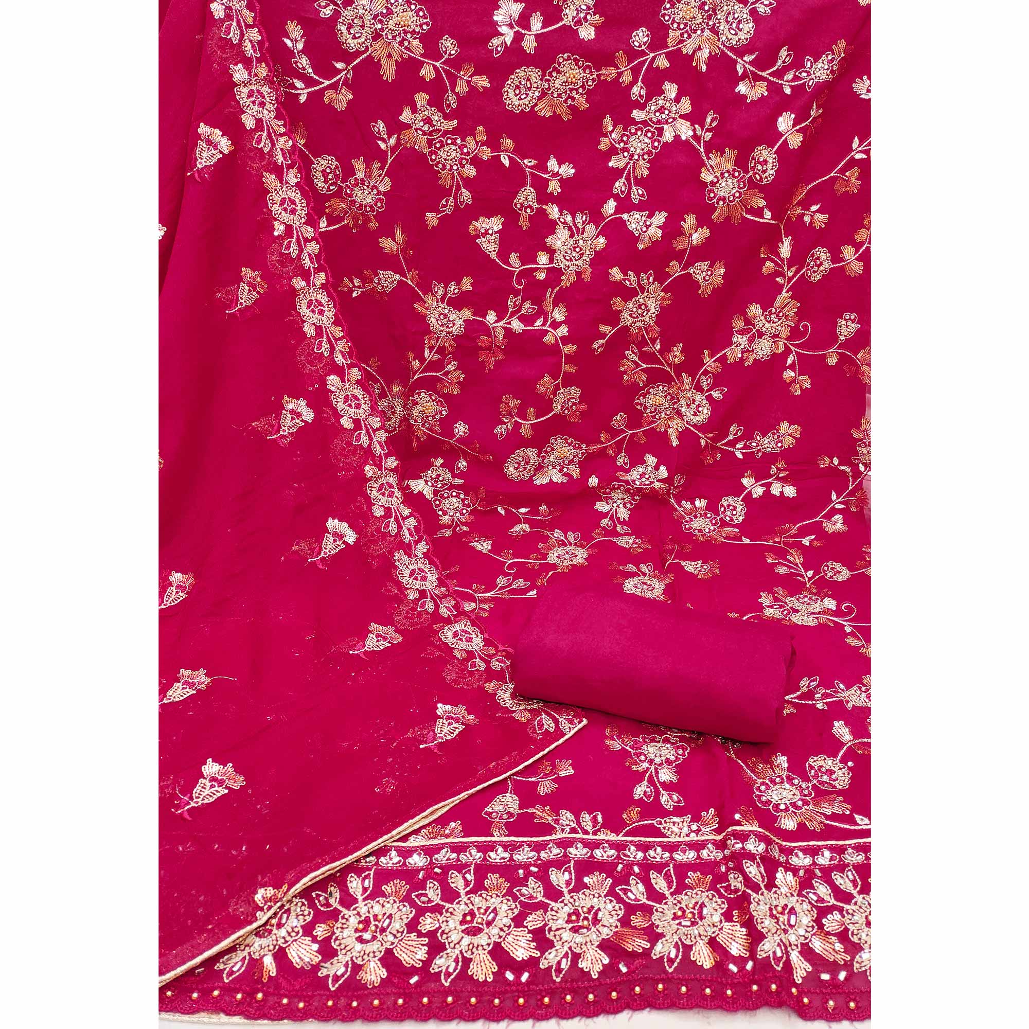 Rani Pink Floral Sequins Embroidered Organza Dress Material