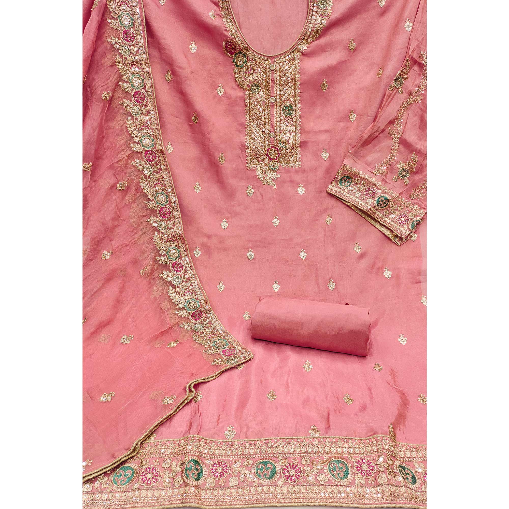Pink Floral Sequins Embroidered Organza Dress Material