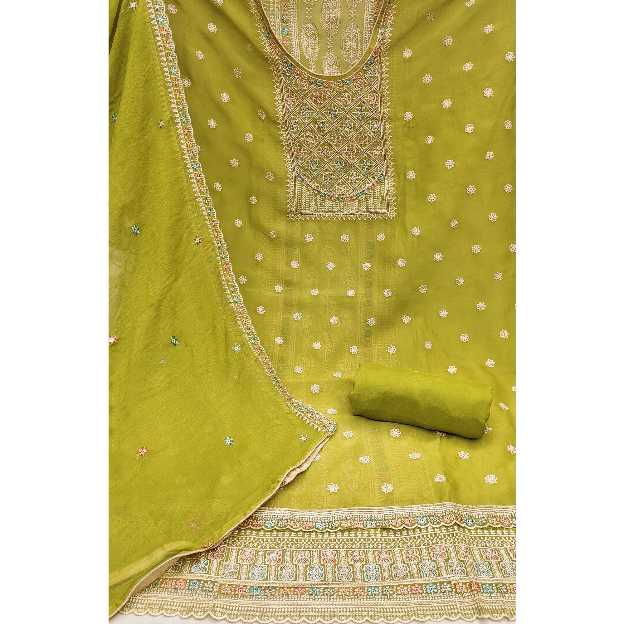 Green Floral Embroidered Organza Dress Material