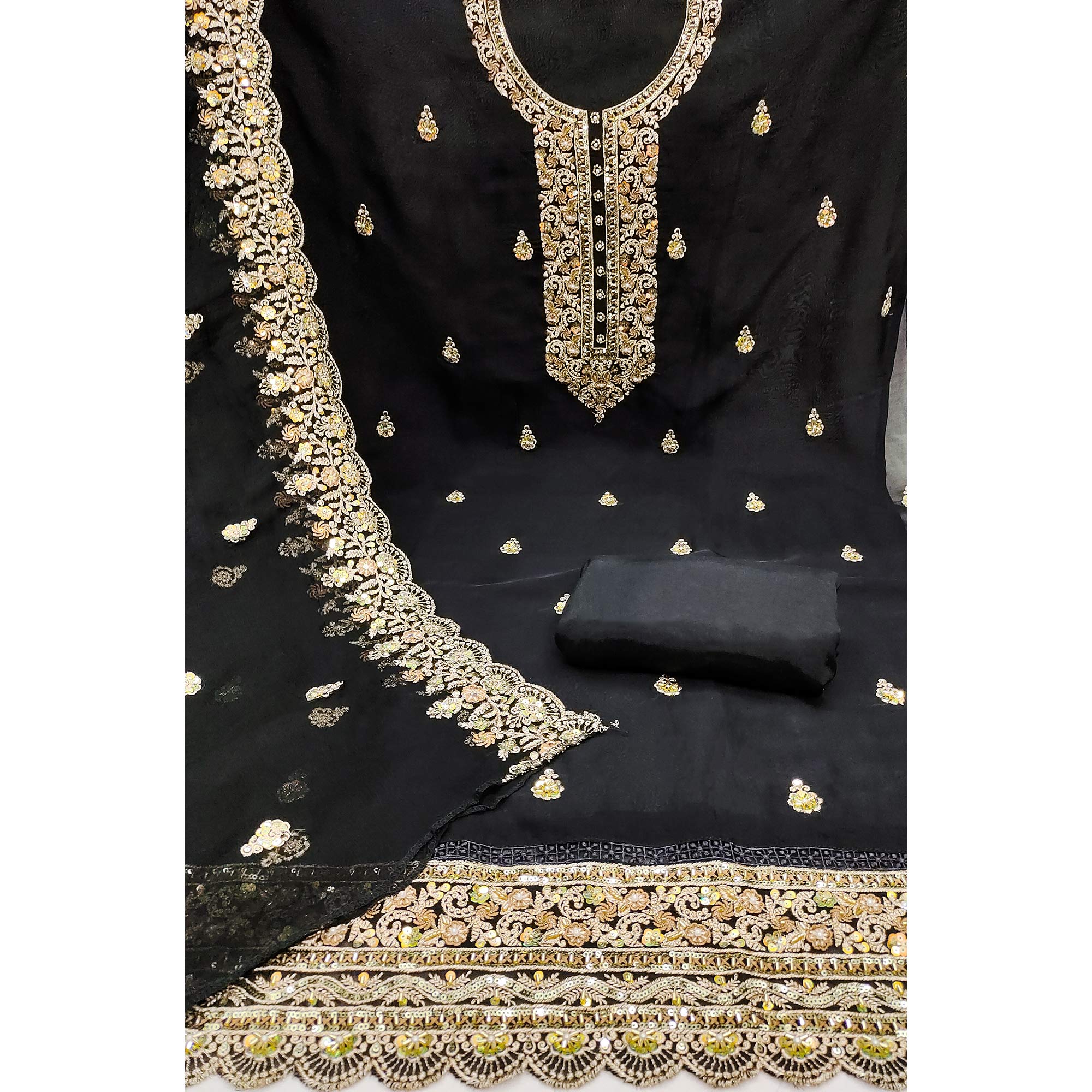 Black Embroidered Organza Dress Material