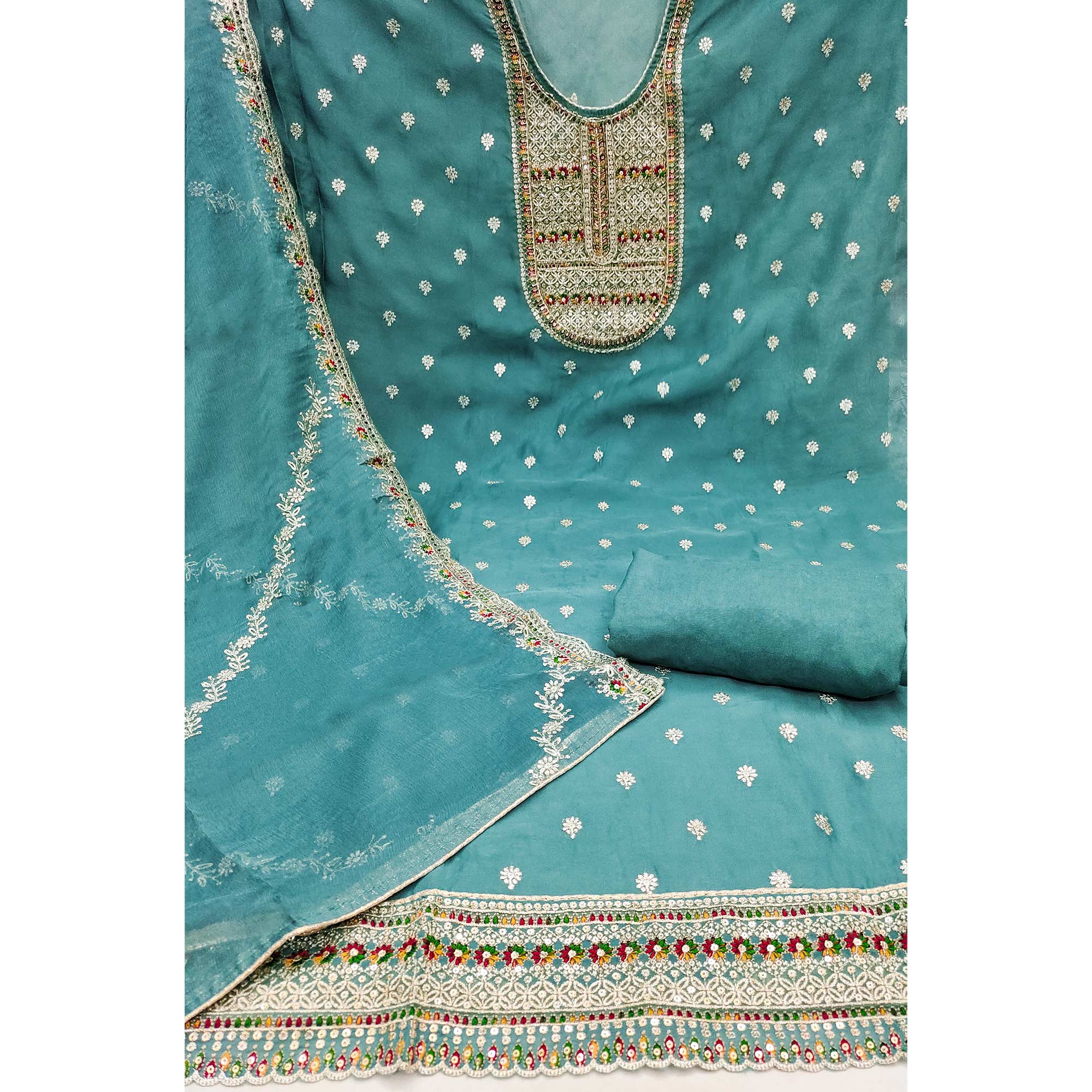 Rama Blue Embroidered Organza Dress Material