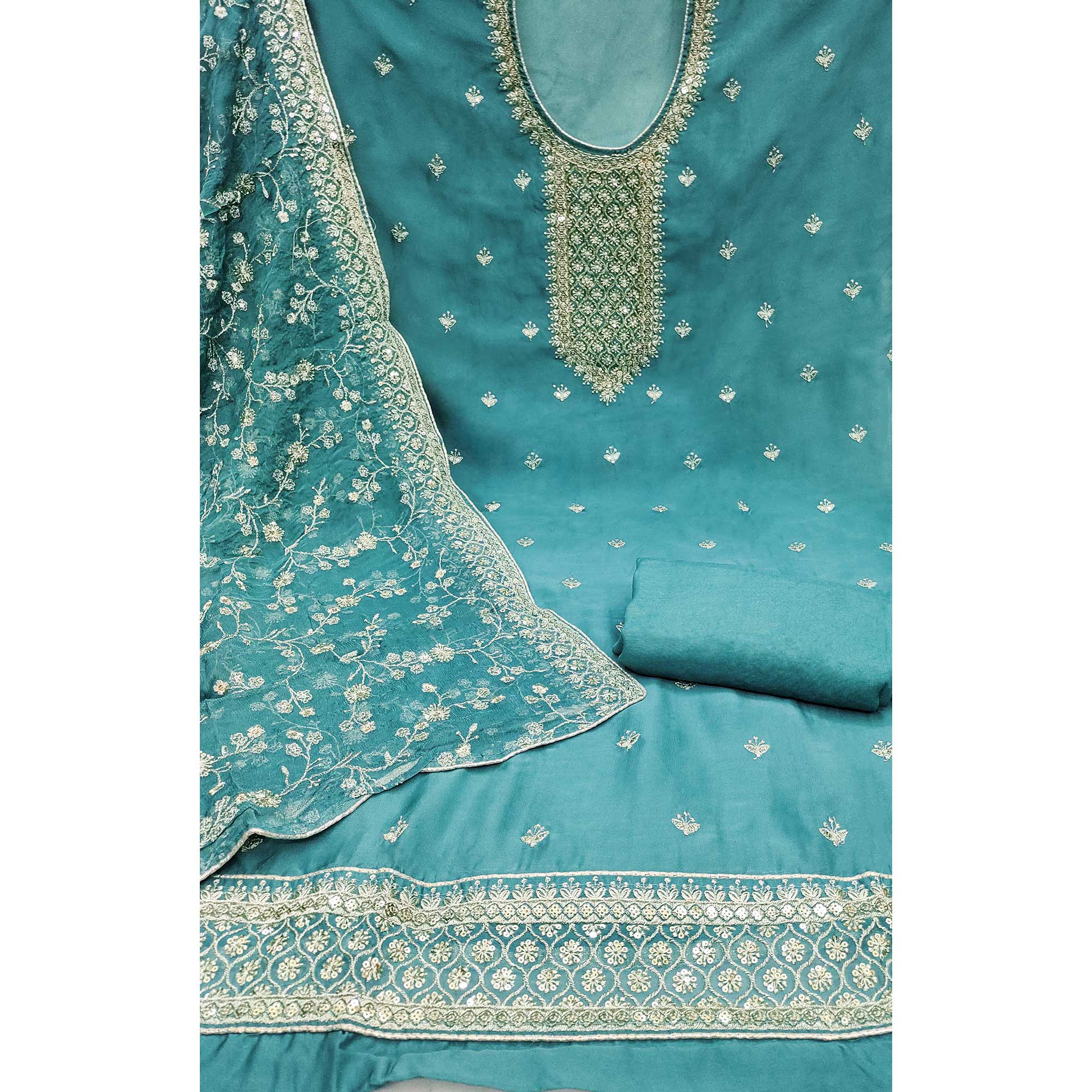 Rama Blue Embroidered Organza Dress Material