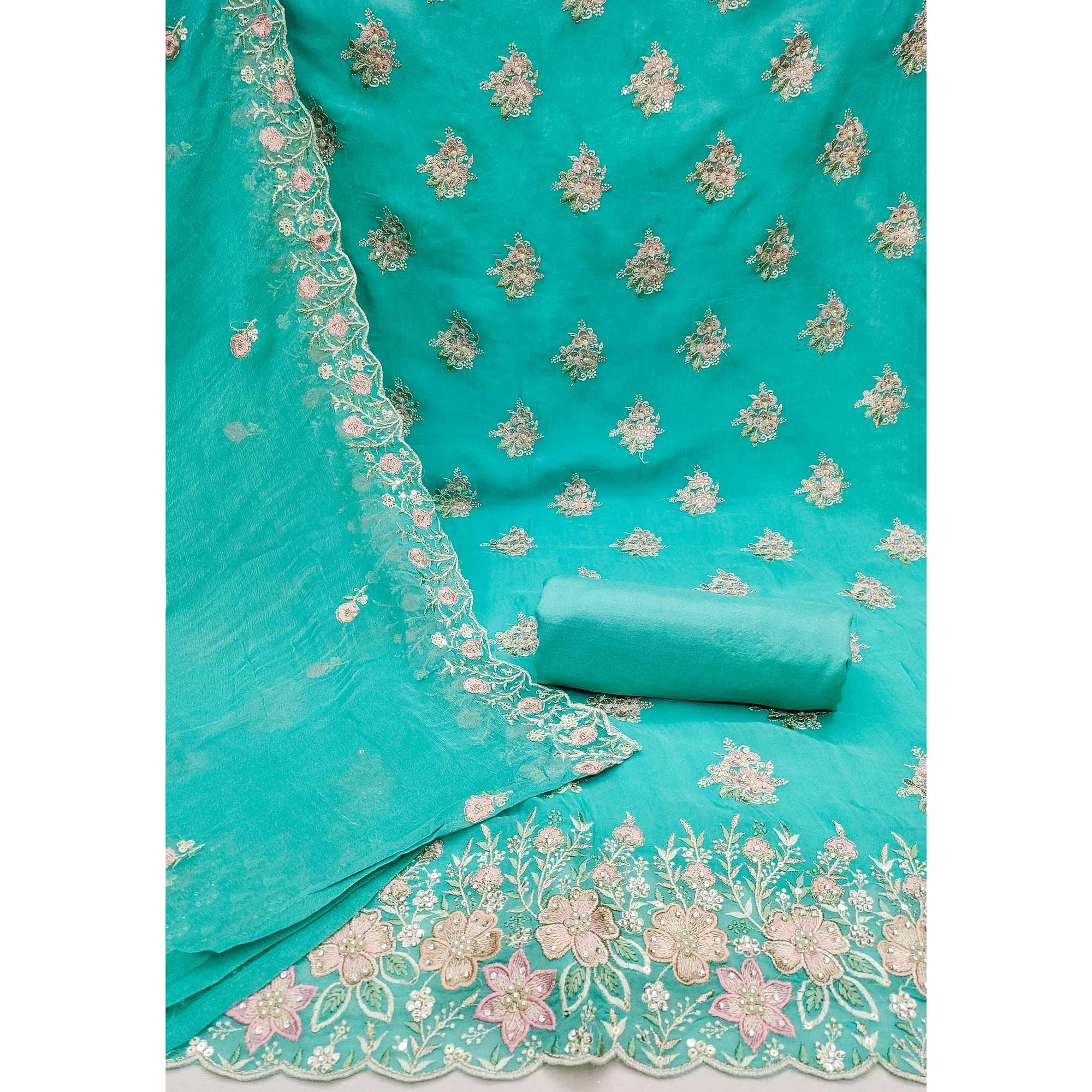 Turquoise Floral Embroidered Organza Dress Material