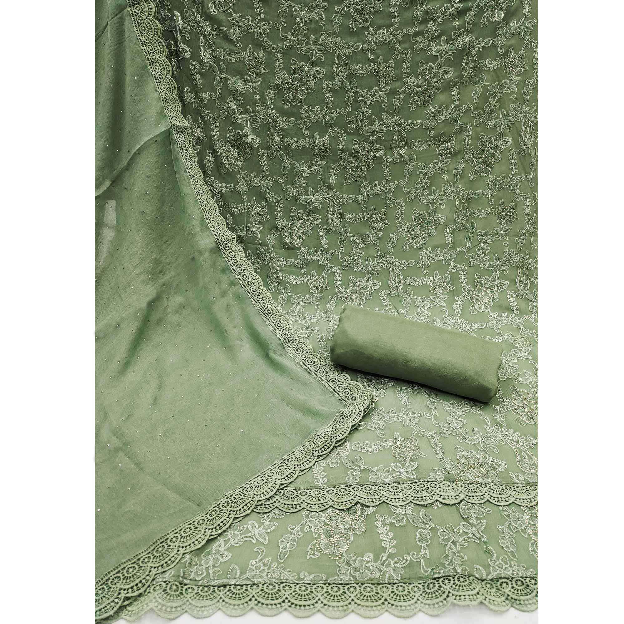 Green Floral Embroidered With Stonework Chiffon Dress Material