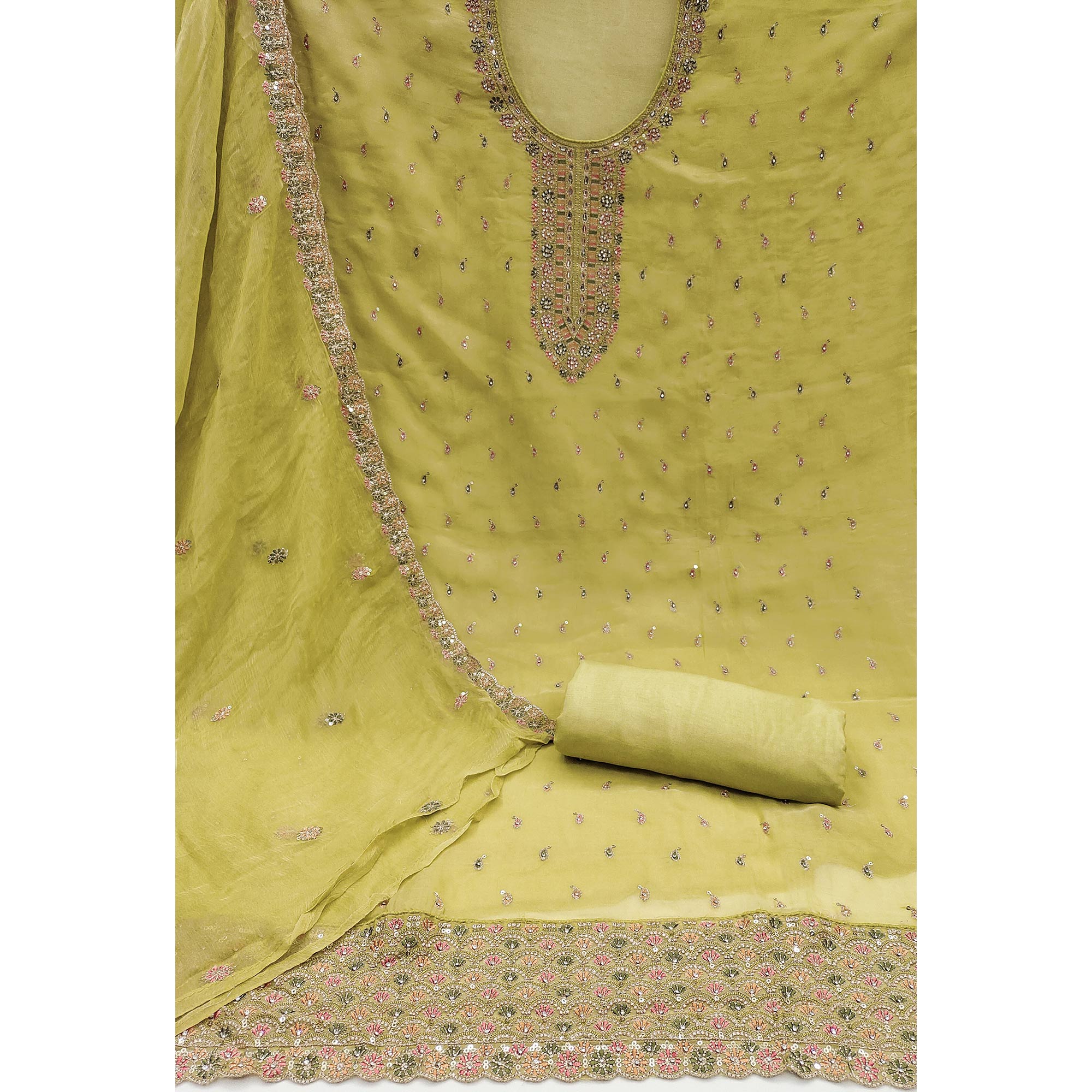 Green Sequins Embroidered With Mirror Work Organza Dress Material