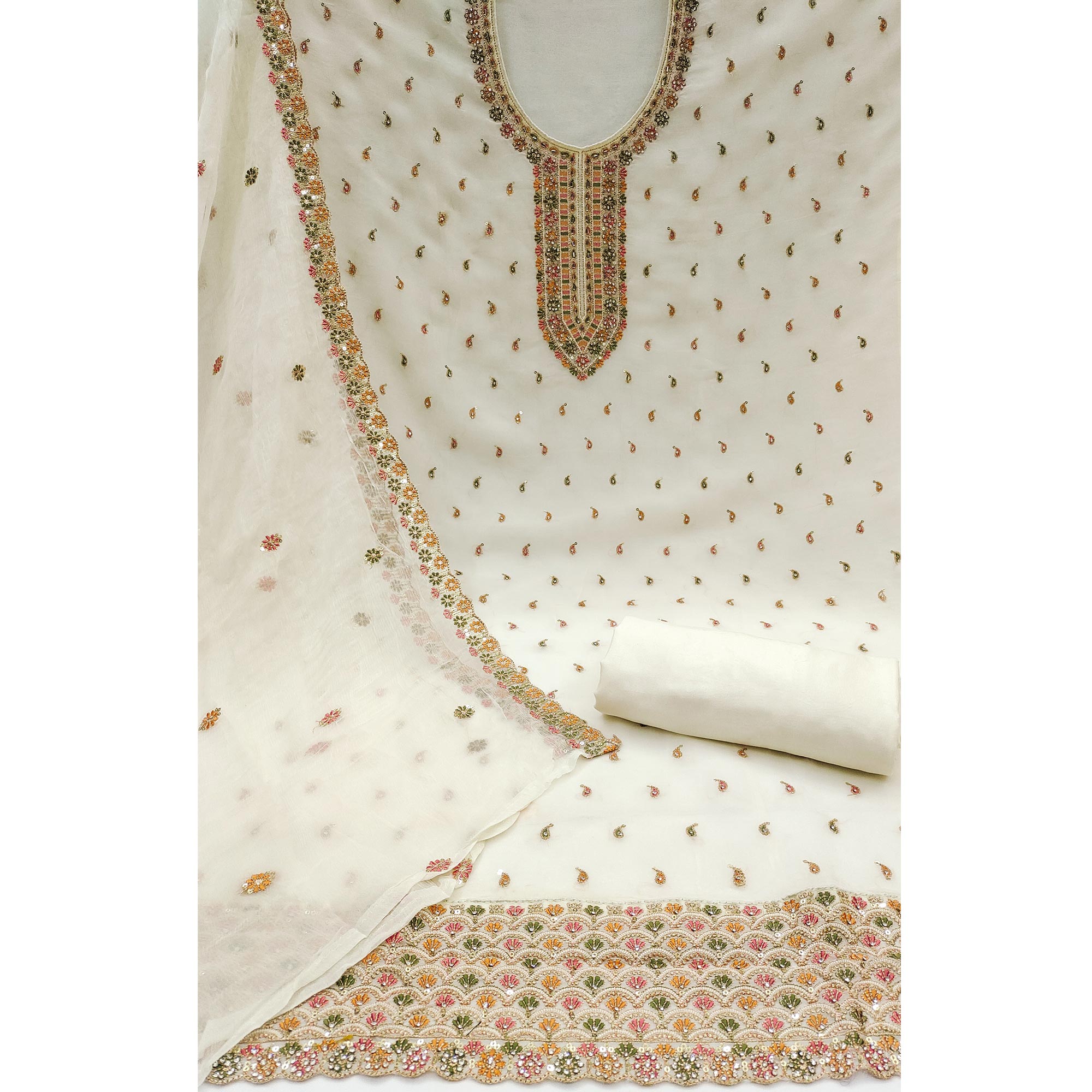 Offwhite Sequins Embroidered With Mirror Work Organza Dress Material