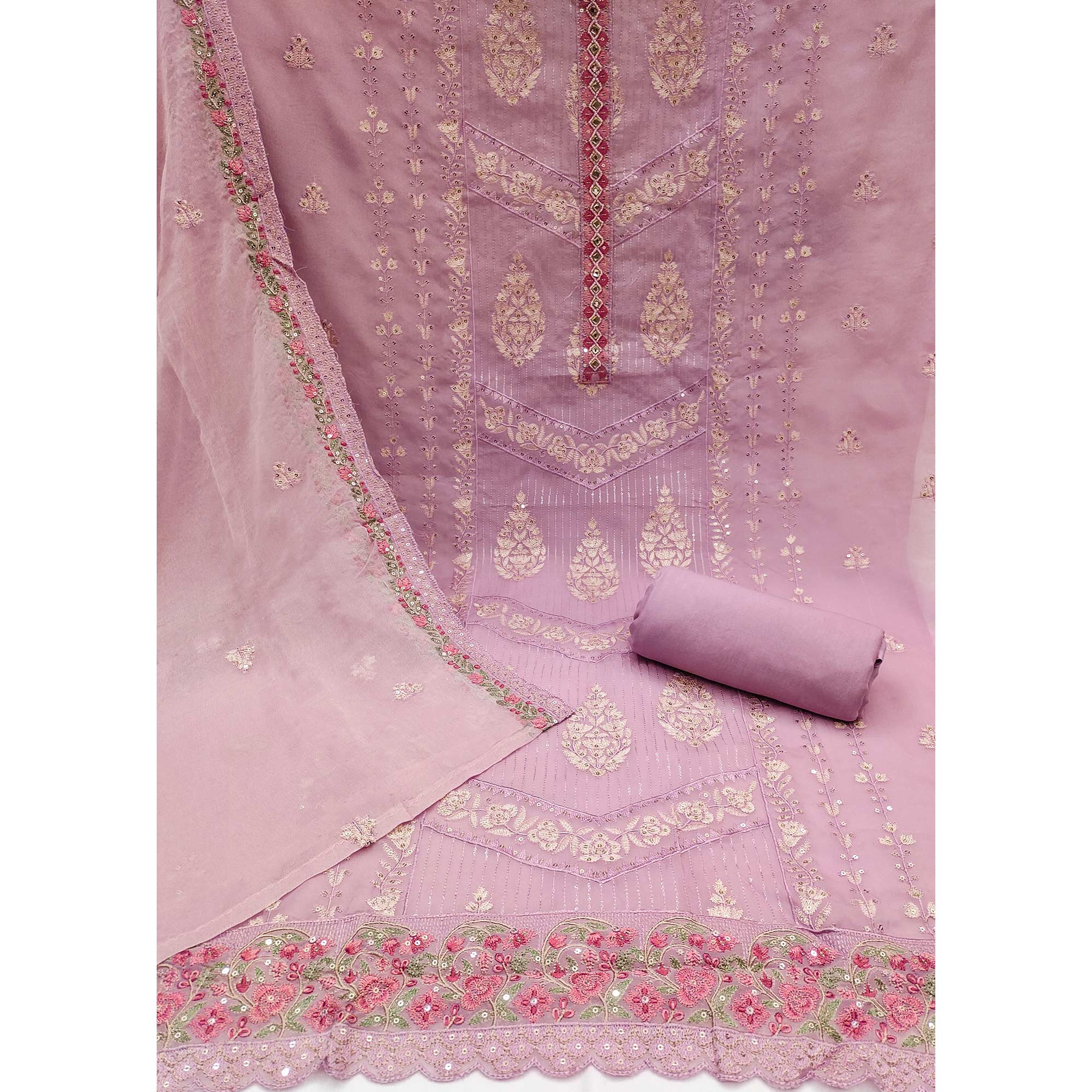 Light Purple Floral Sequins Embroidered Organza Dress Material