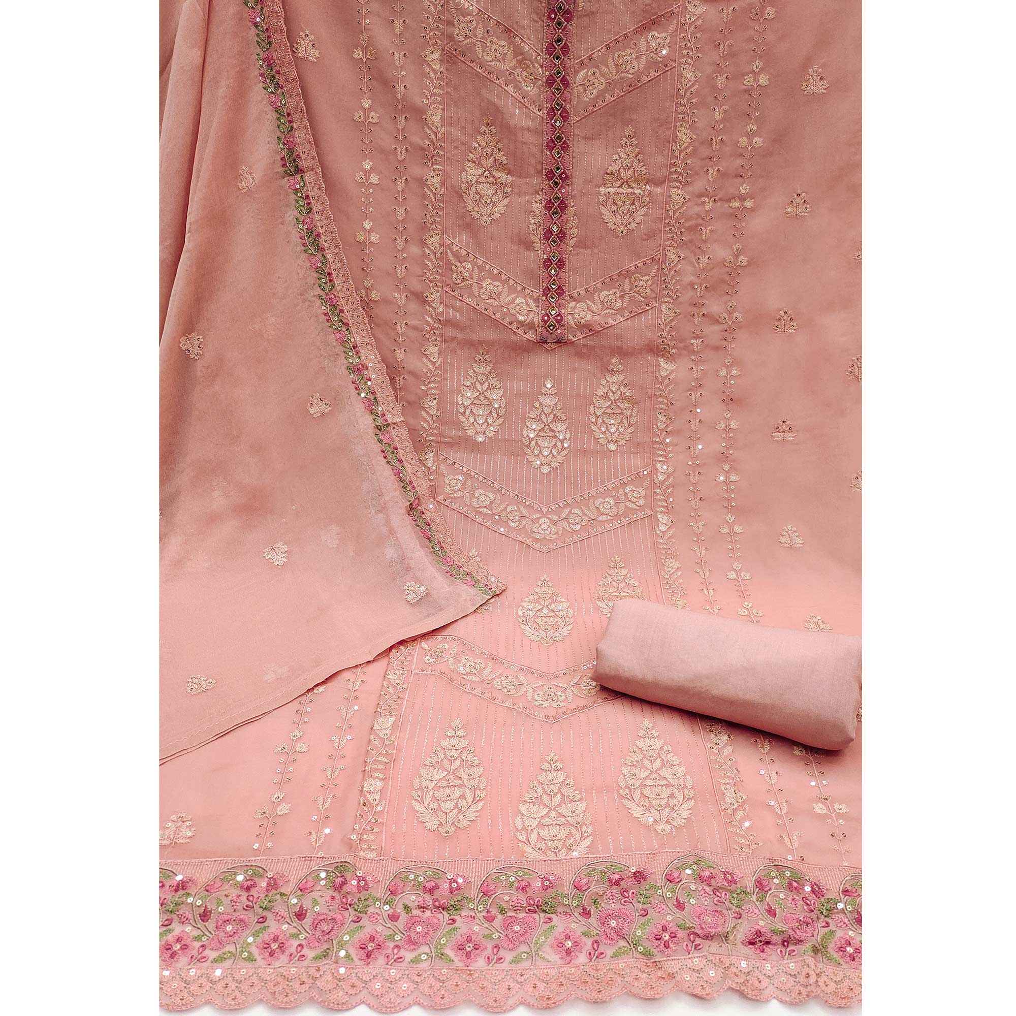 Peach Floral Sequins Embroidered Organza Dress Material