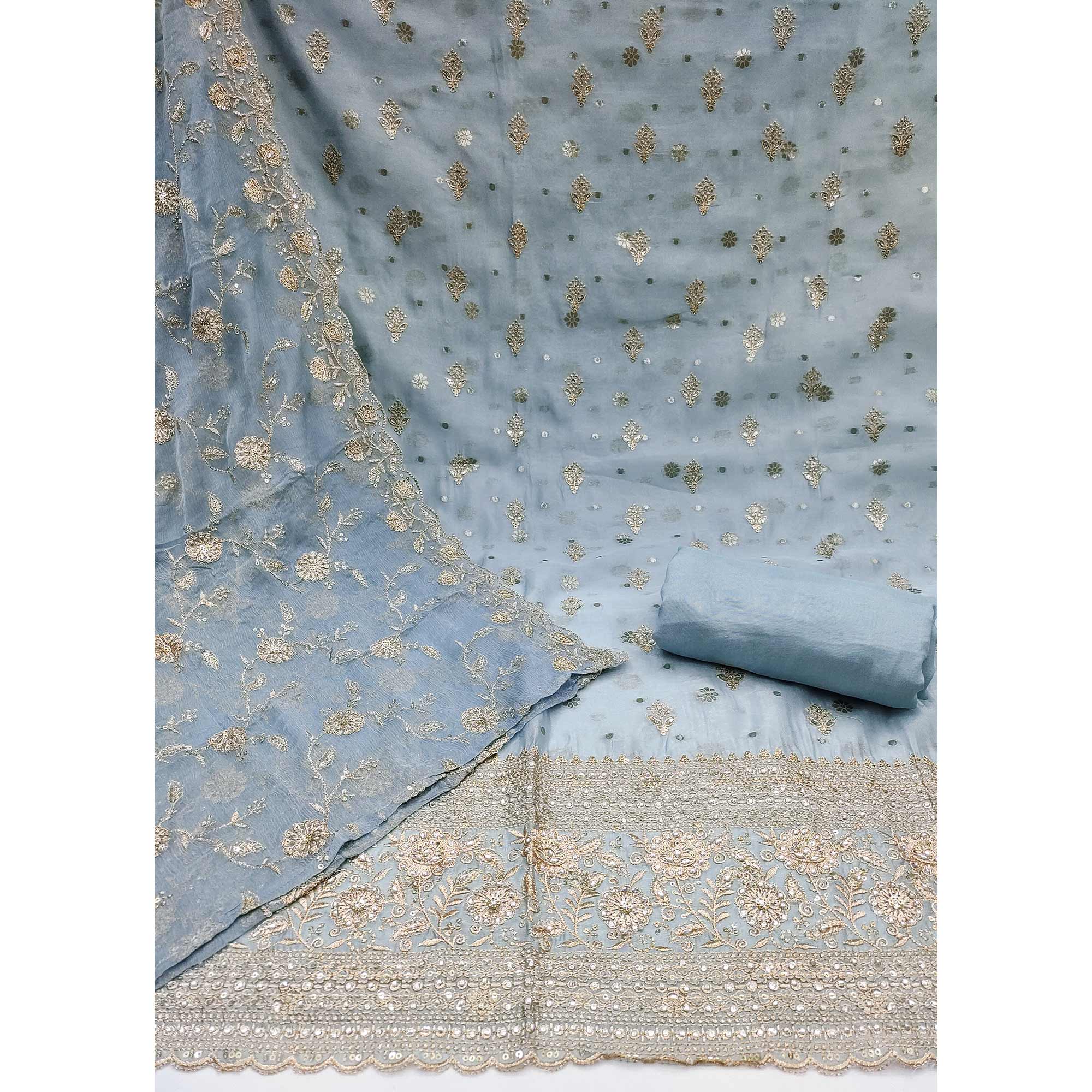 Grey Floral Sequins Embroidered With Stonework Organza Dress Material
