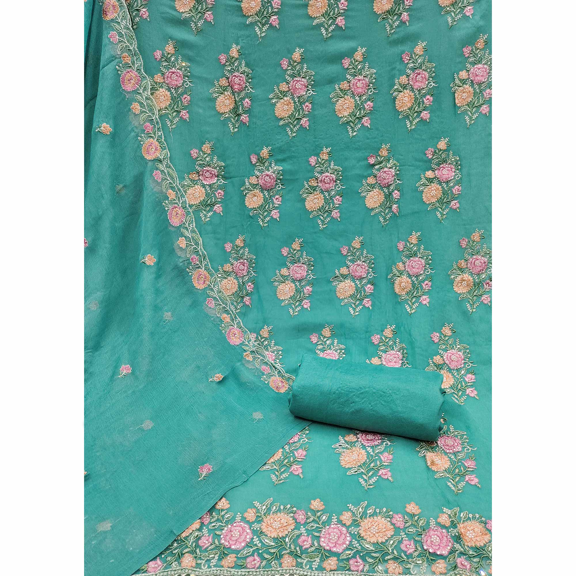 Rama Green Floral Embroidered With Stonework Chiffon Dress Material