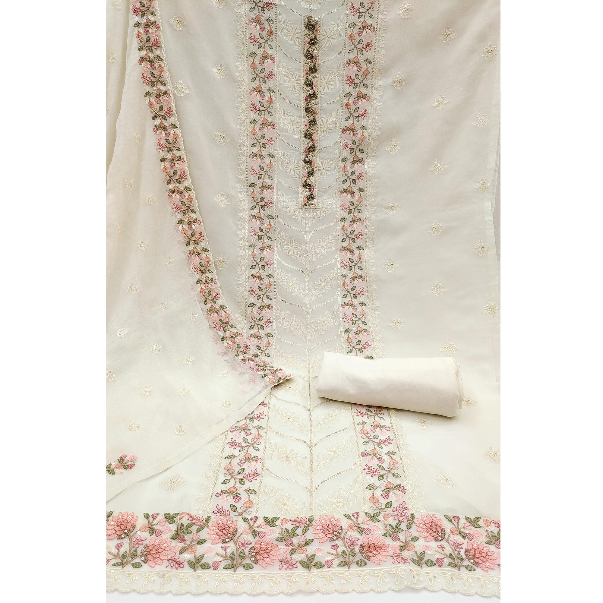 Offwhite Floral Sequins Embroidered Organza Dress Material