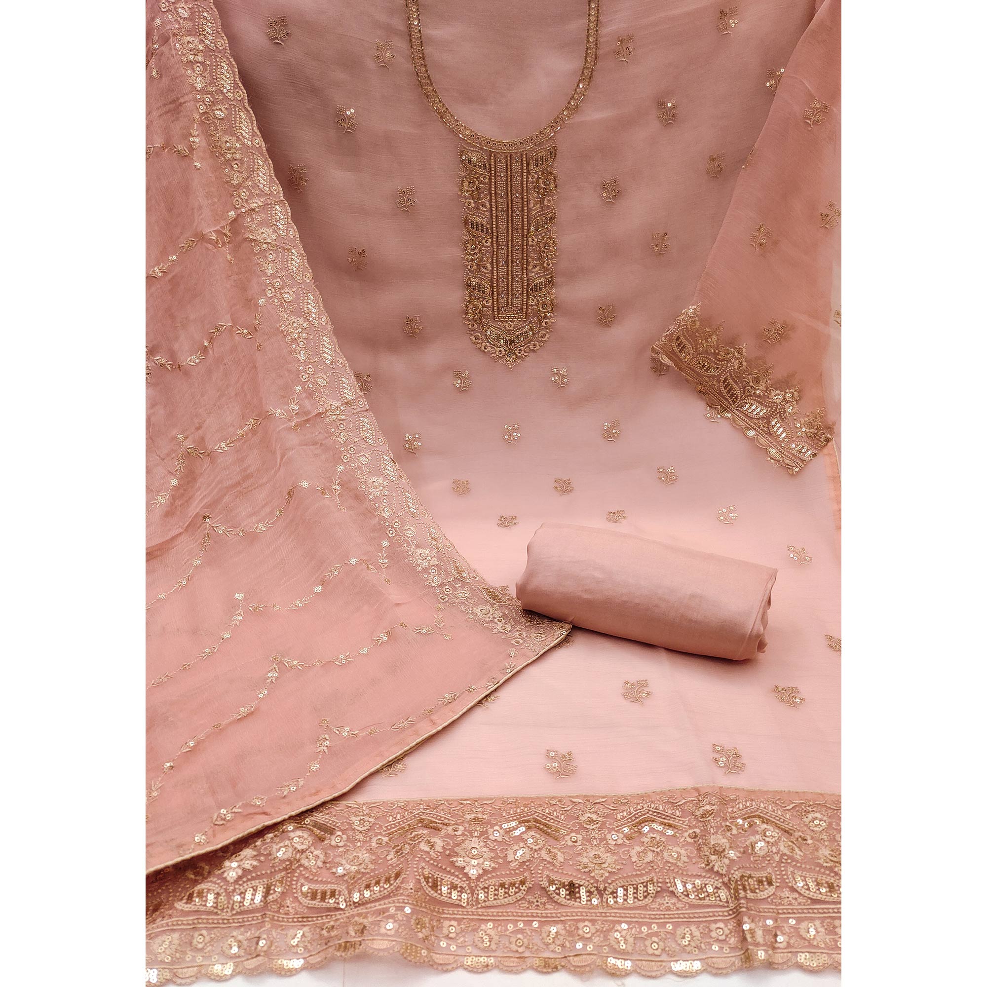 Peach Floral Sequins Embroidered Chiffon Dress Material