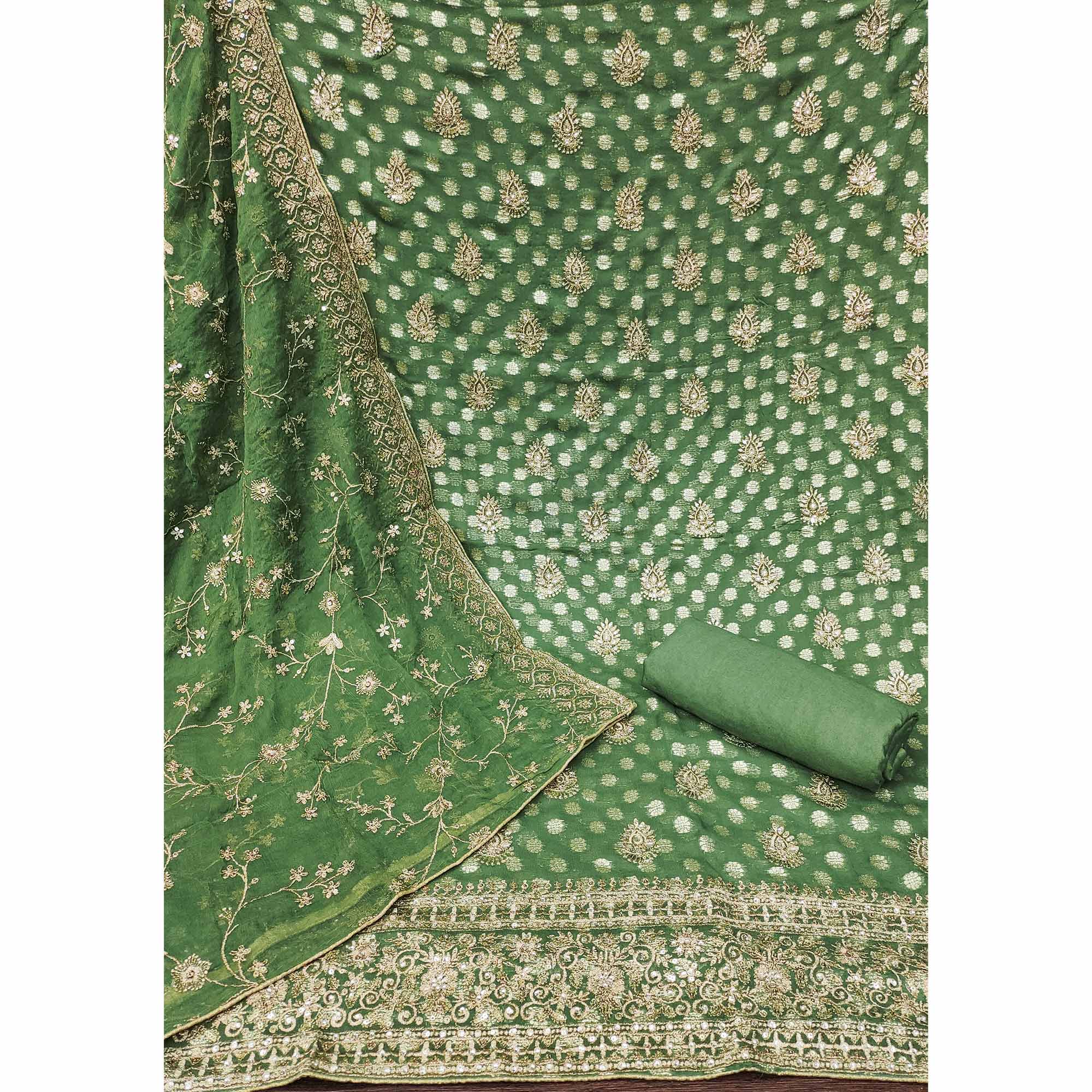 Green Floral Embroidered With Woven Georgette Dress Material