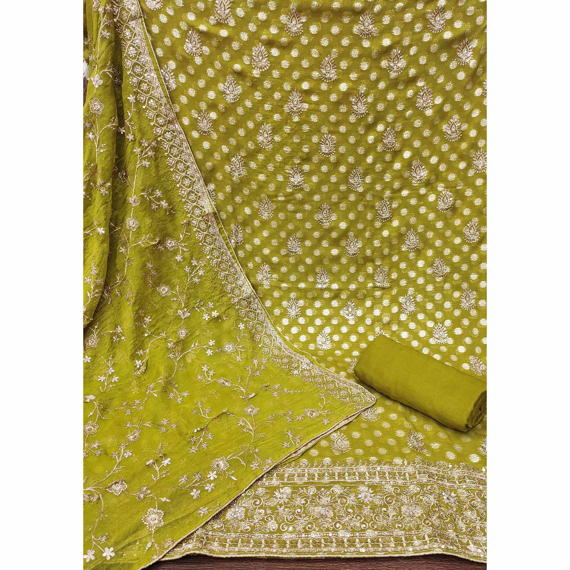 Mehendi Green Floral Embroidered With Woven Georgette Dress Material