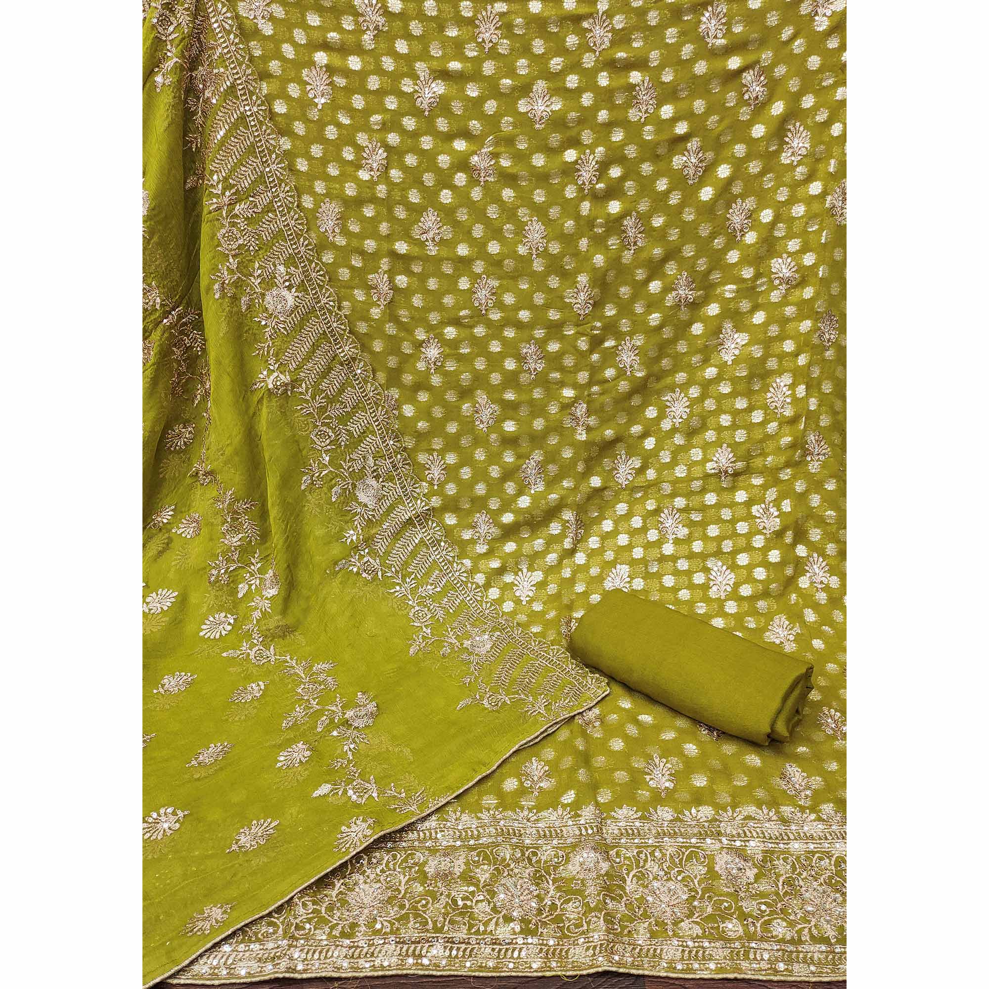 Mehendi Green Floral Embroidered With Woven Georgette Dress Material