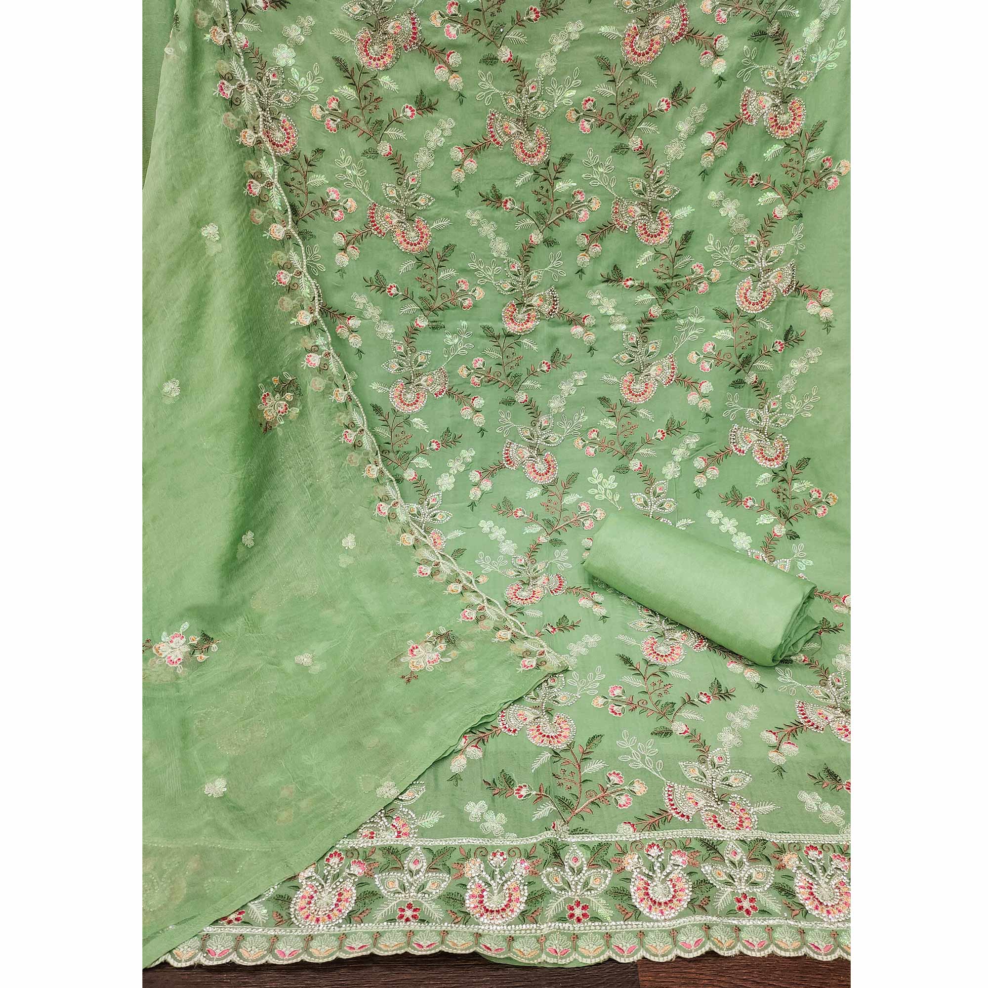 Green Floral Embroidered With Stonework Organza Dress Material