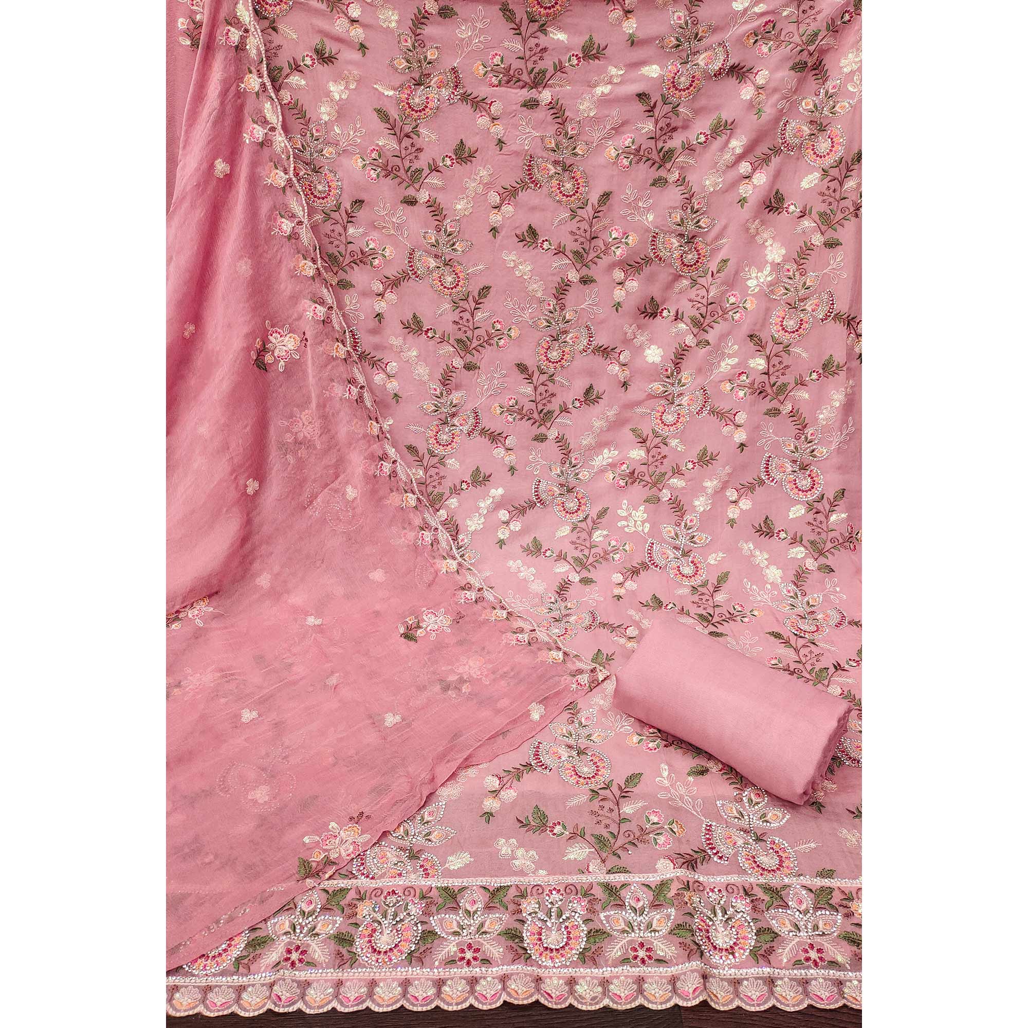 Pink Floral Embroidered With Stonework Organza Dress Material