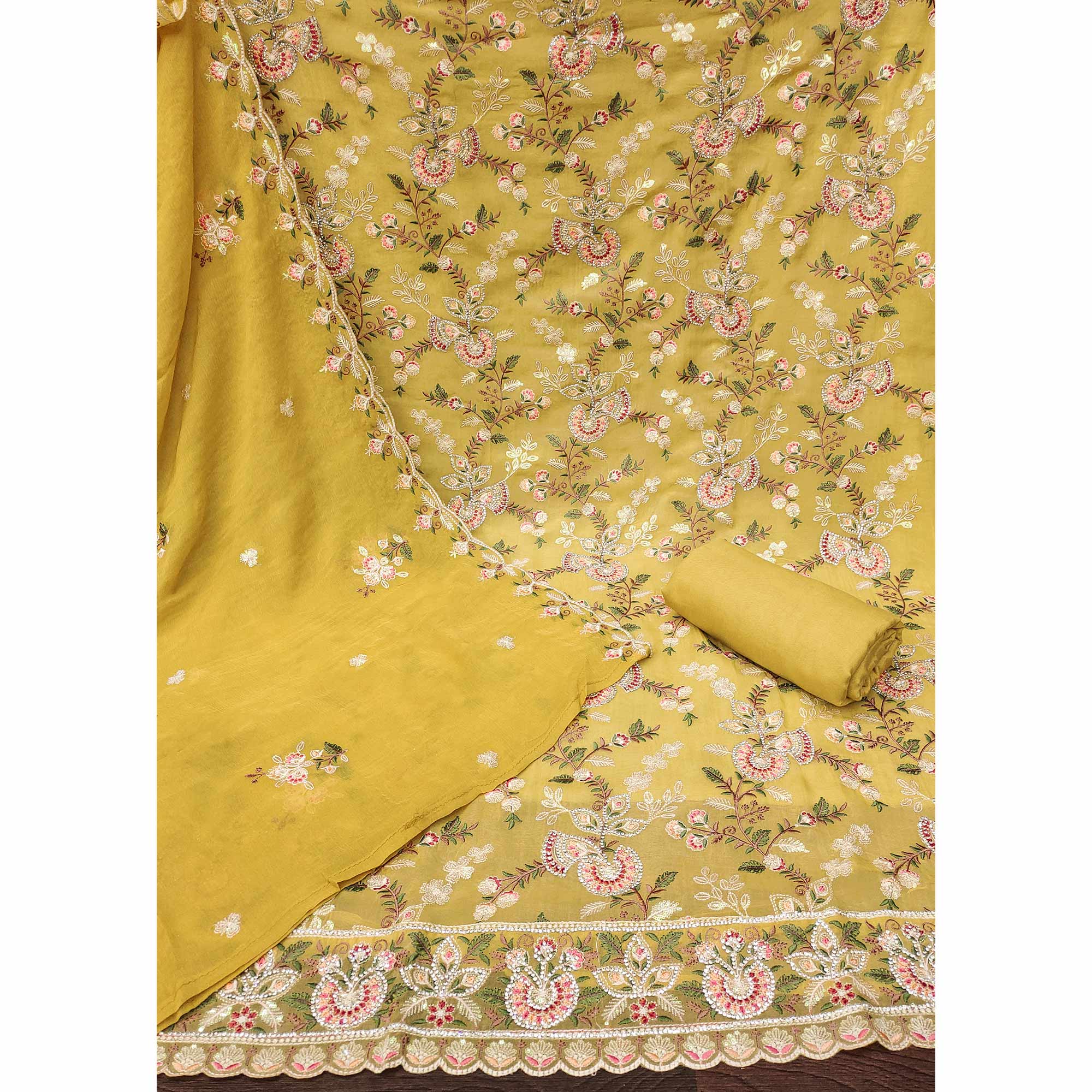 Yellow Floral Embroidered With Stonework Organza Dress Material